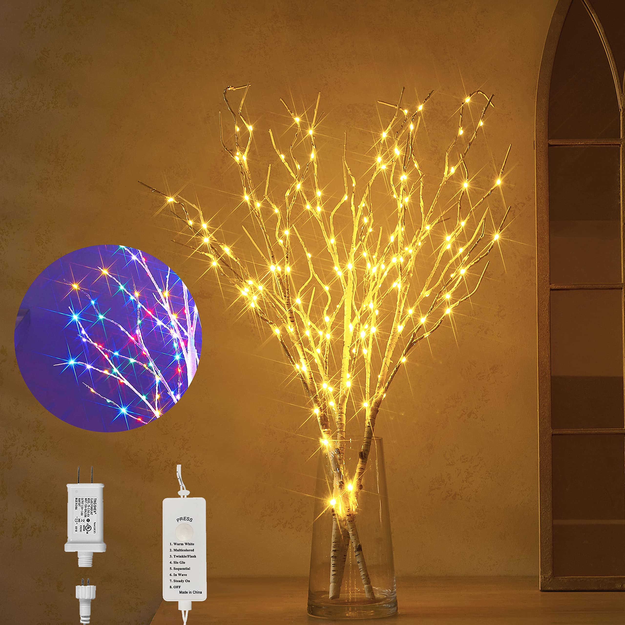 Hairui Lighted Branches Fairy Lights, 150L, 8 Functions, 30IN, Warm White & Multicolor, White Birch 8 Functions