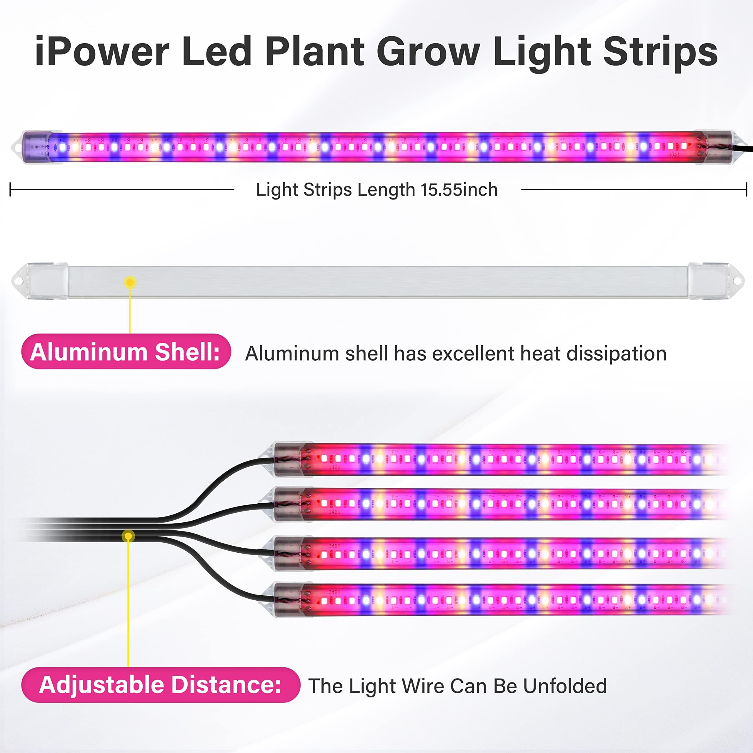 iPower 60W LED Grow Light Strips, Full Spectrum, 4 Tubes, 48 LEDs, Auto ON/OFF Timer, Dimmable, Mix Color
