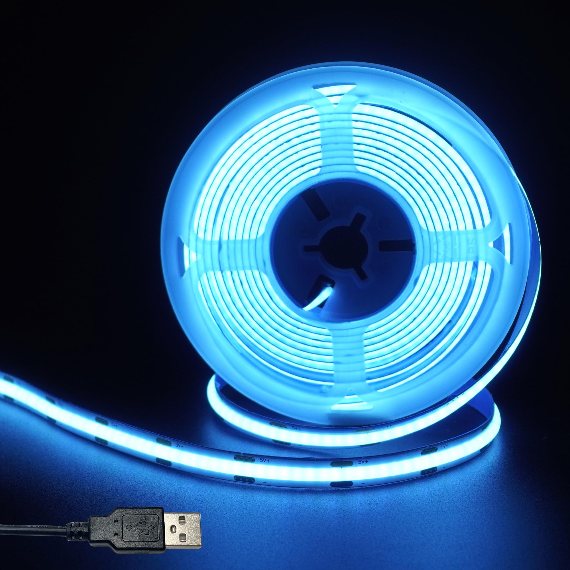 Clearhill 5V 8mm Width USB COB LED Band Lights Ice Blue 320LEDs/M 8W/M CRI90 9.84FT/3M Electroplated Double-Sided Panel Light Band Waterproof IP20 Flexible Band for Indoor Decoration