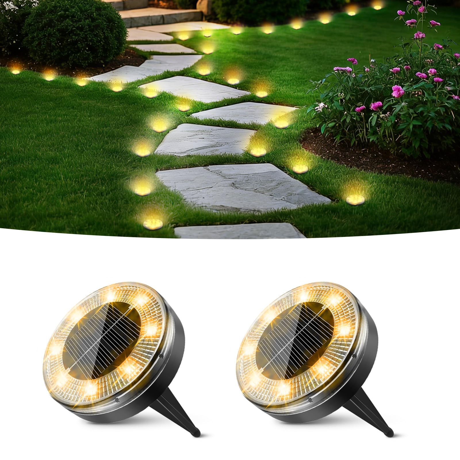 Peasur Mini Solar Ground Lights  2 Pack Flat Solar Disc Lights Outdoor Waterproof  2.3 Inch Small Solar Garden Lights Landscape Lighting for Outside Pathway Garden Yard Lawn Walkway Warm White