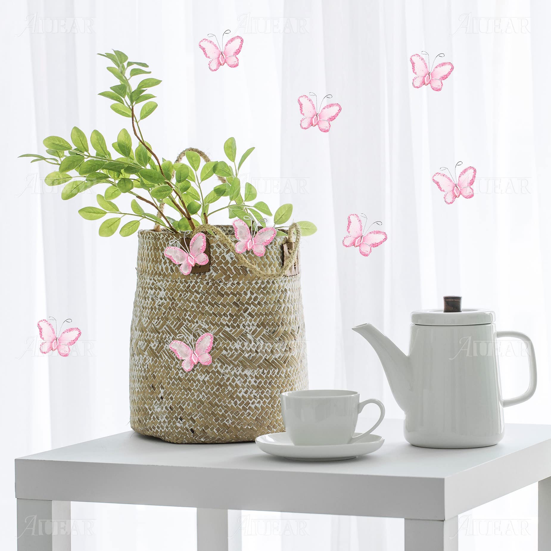 AUEAR Sheer Mesh Glitter Butterfly Decorations 100 Pack Pink MC7313X2