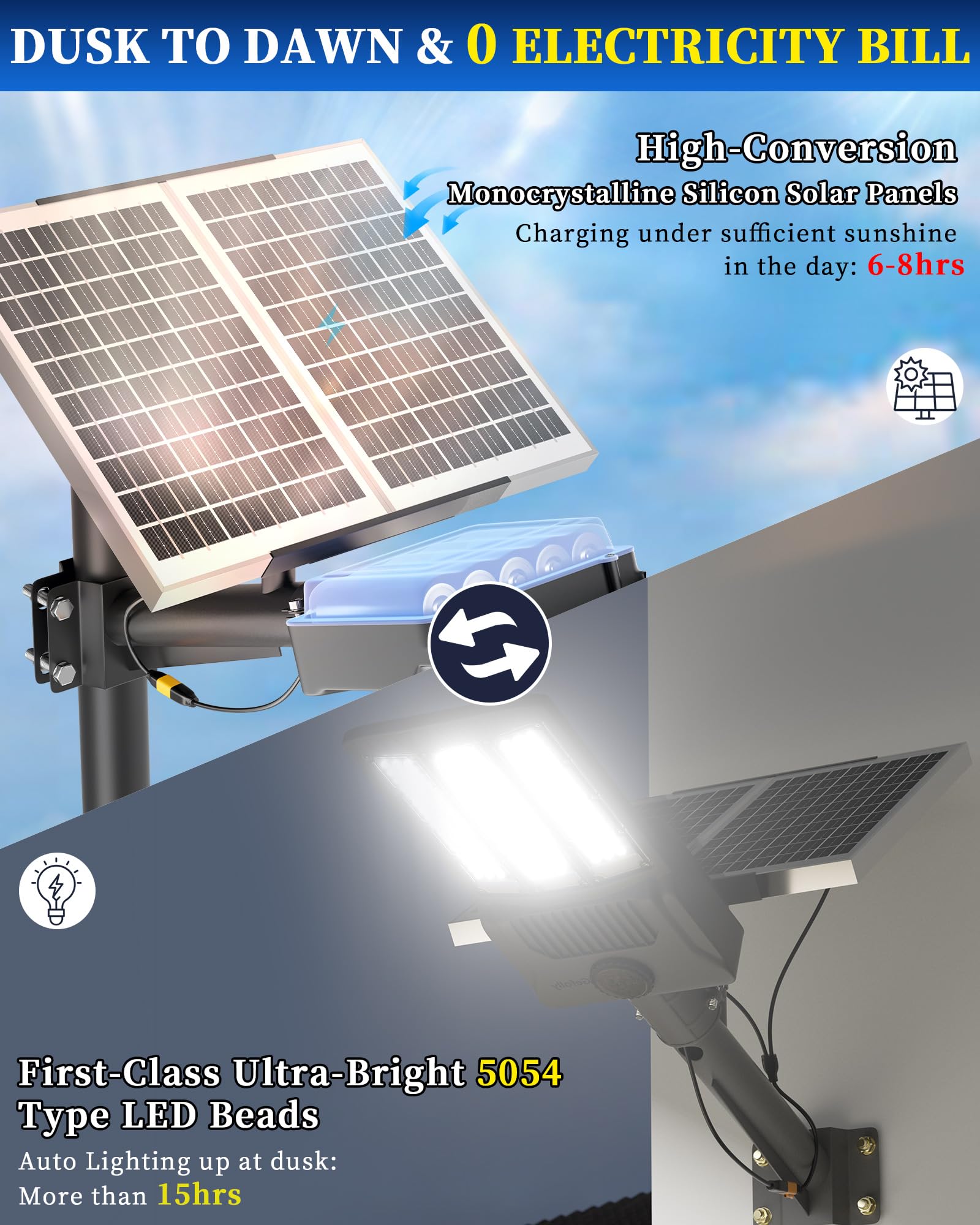 Gefolly SL-8800W Solar Street Light, 550000LM, IP67 Waterproof, 6500K, Black, for Outdoor, Parking Lots, Yards, Basketball Courts