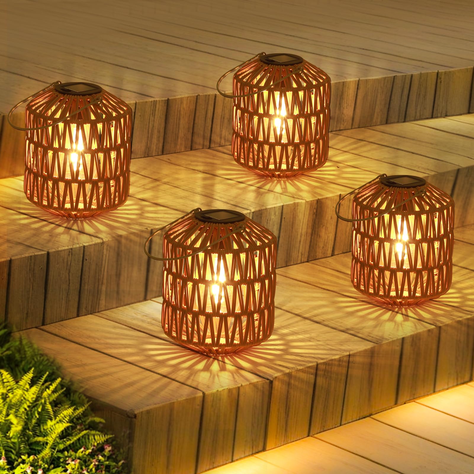 Eyassi Rattan Solar Lights, 4 Pack Solar Lanterns Outdoor Waterproof, Outdoor Lights for Yard, Hanging Lantern with Handle, Deco