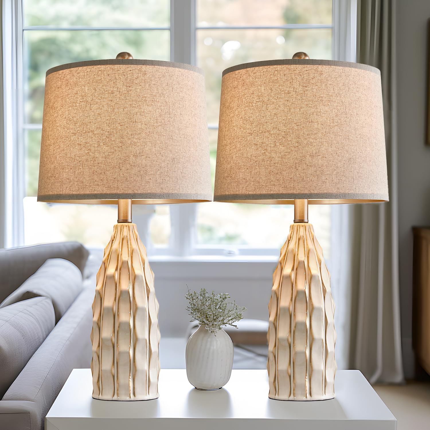 USumkky Ceramic Table Lamps Set of 2, 23.75-inch Cream Bedside Lighting for Living Room and Farmhouse Nightstands, Model YM-AMZ-T1090CR-A