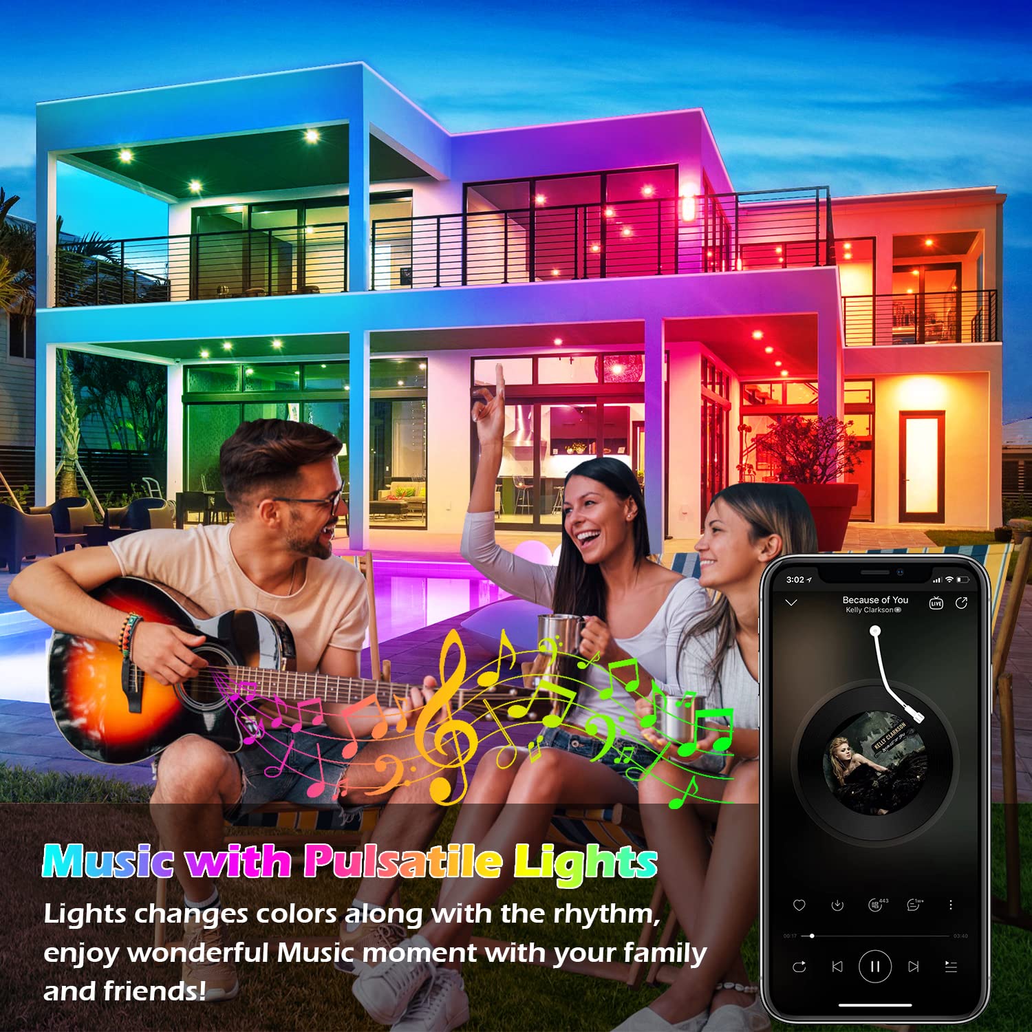 Aulimhti 100FT Outdoor Waterproof LED Strip Lights, RGB Multicolor, Music Sync, App & Remote Control for Deck, Balcony, Garden, Pool