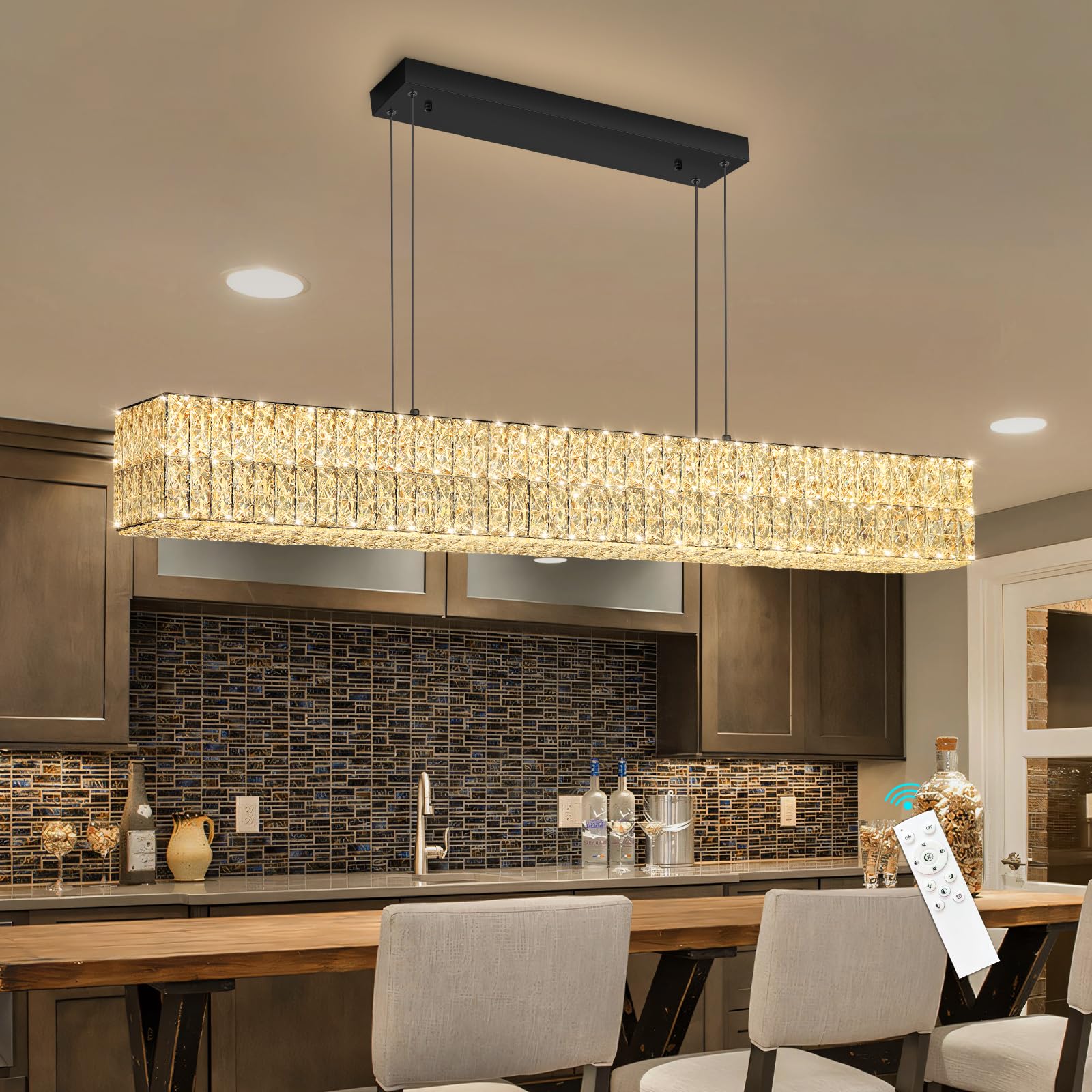 YLKP Rectangular Crystal Chandelier with Dimmable LED Lights Dining Room Remote Ceiling Pendants Lighting Fixtures for Kitchen Island Matte Black