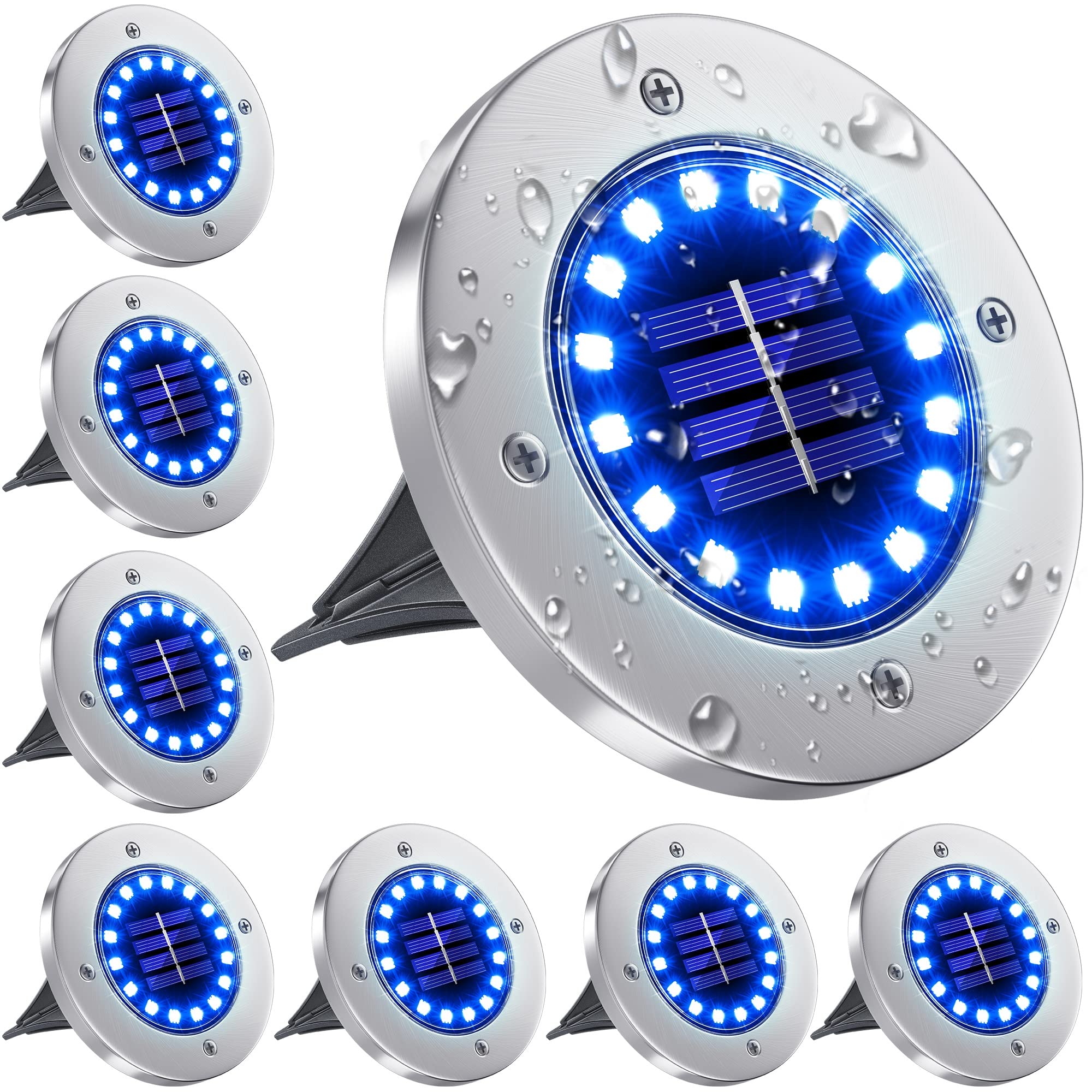 NFESOLAR Solar Ground Lights, 16 LEDs, Waterproof, Blue, 8 Pack
