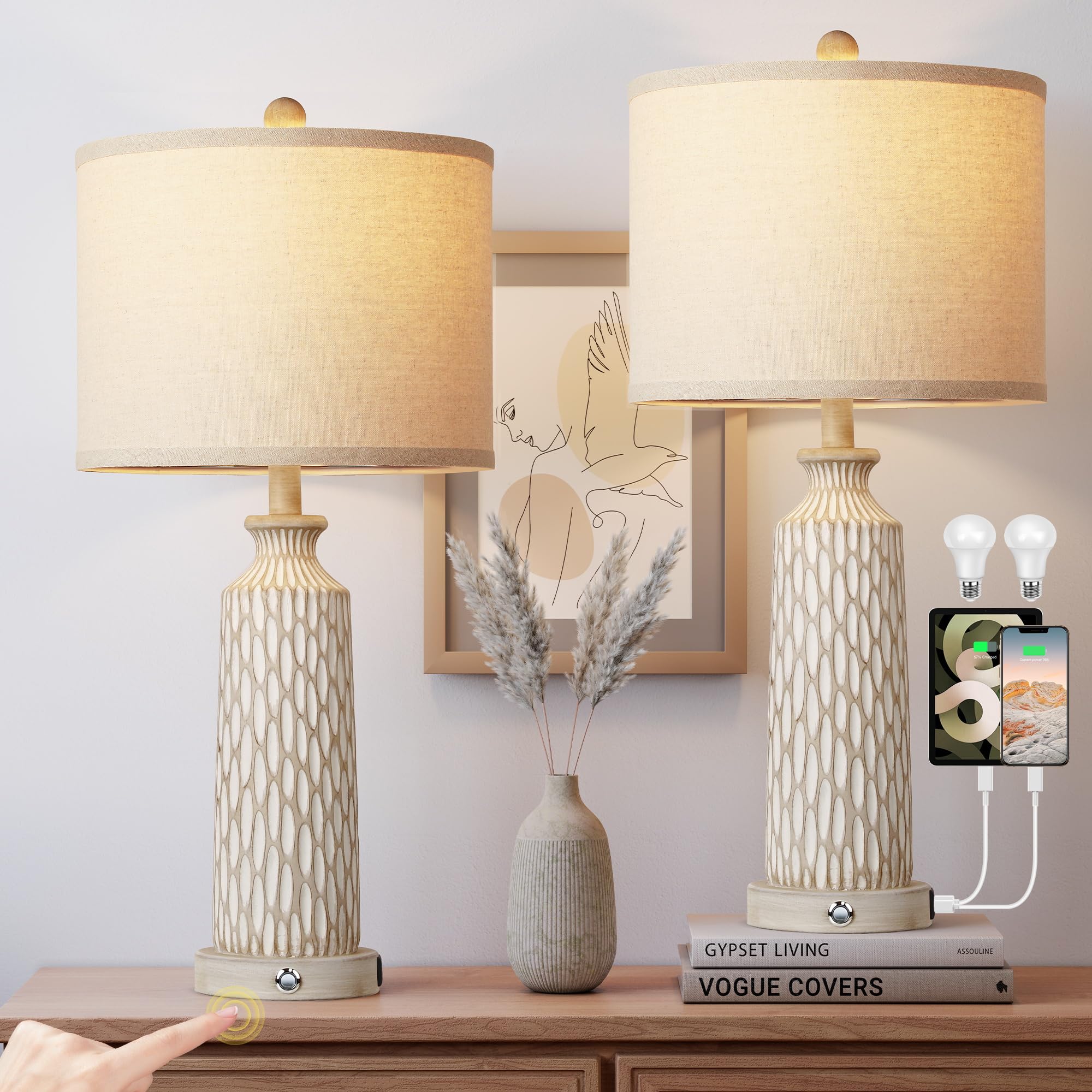QiMH Table Lamp for Living Room with USB A+C Ports, Farmhouse Bedside Lamps for Bedroom Set of 2, Touch Control 3-Way Dimmable, 