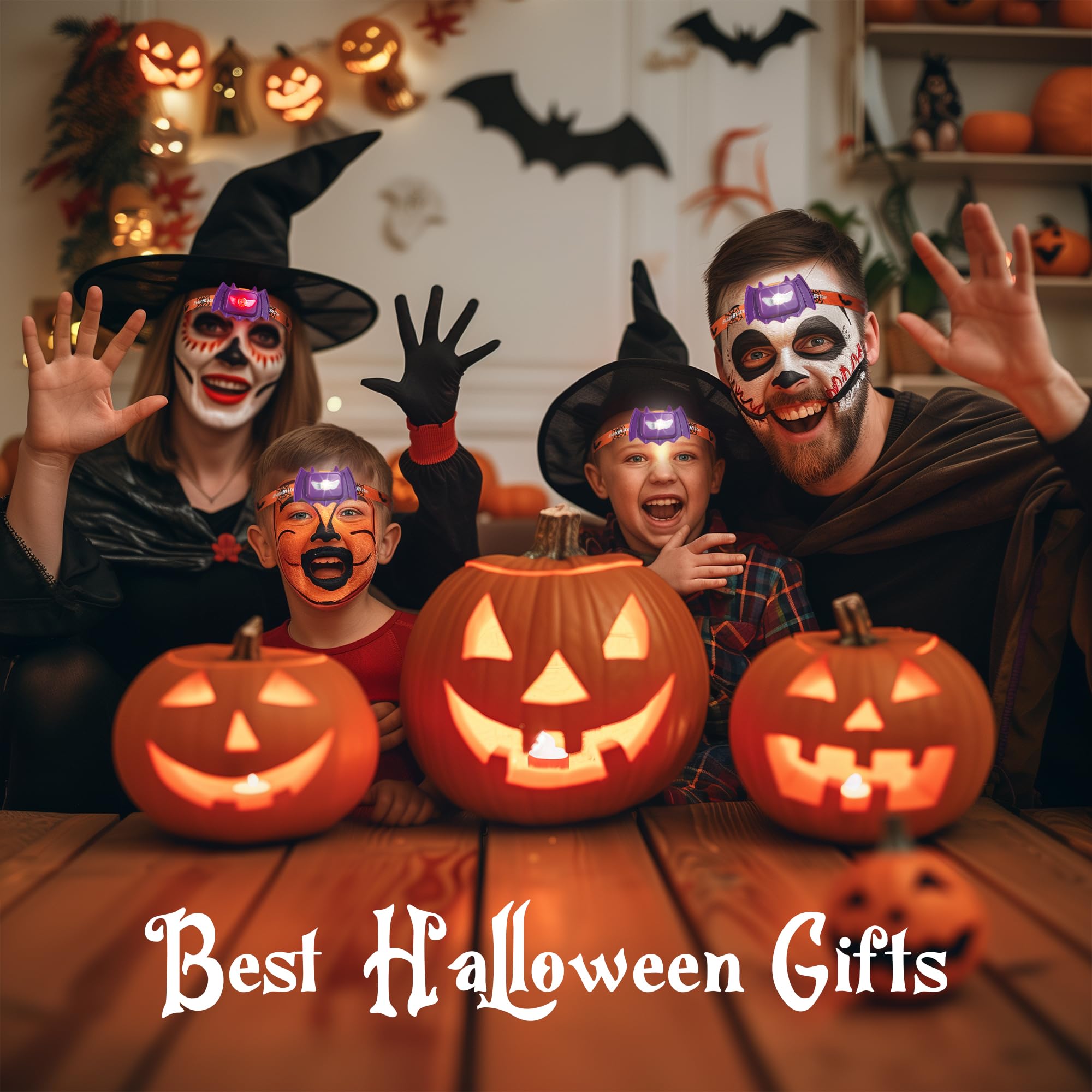 Everbrite Halloween Bat Headlamps Halloween Gifts 3 Modes Head Lamps With Warm/Red/Strobe Lights  Headlights For Halloween Party And Decorations 2 Pack