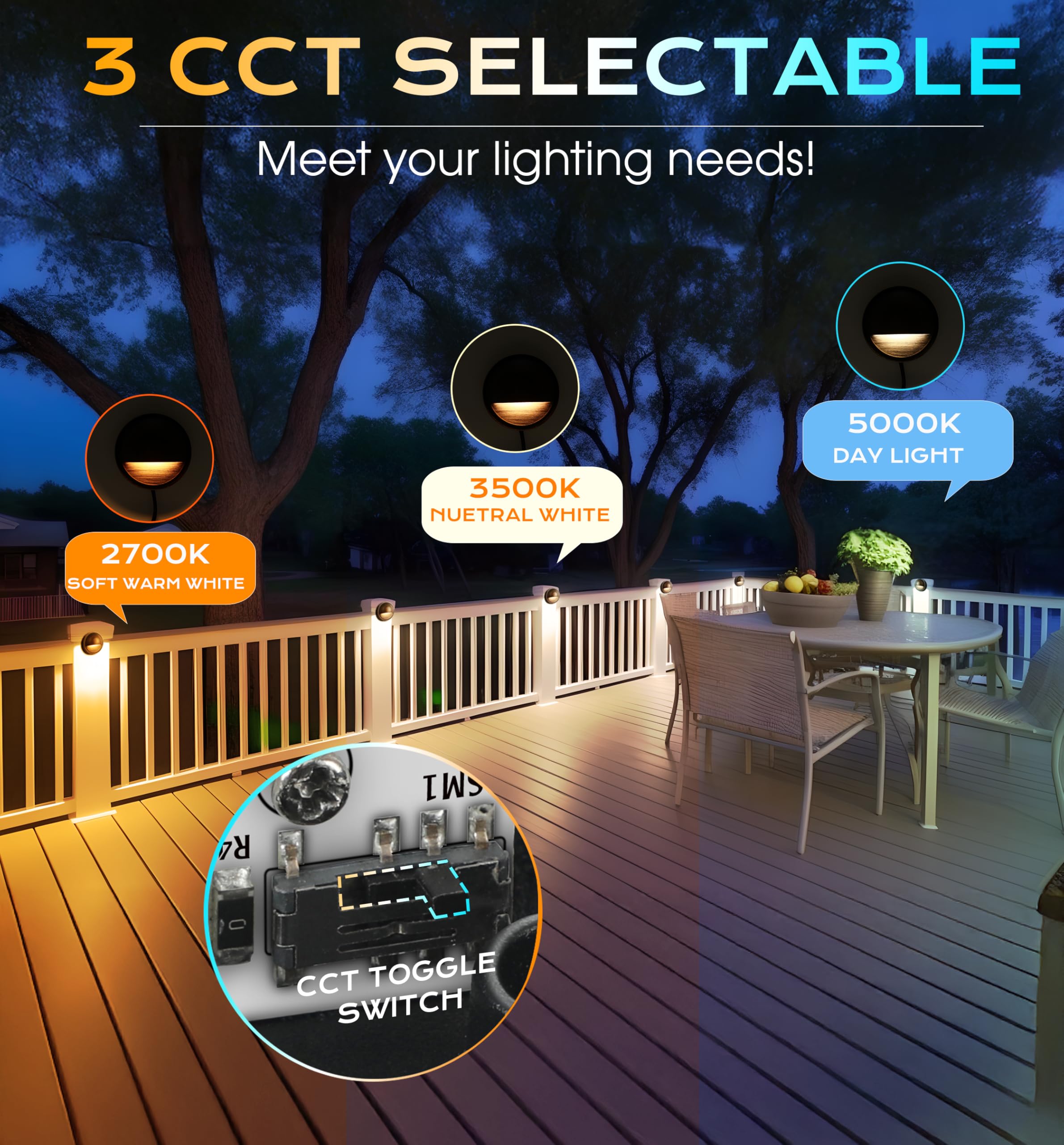 CLOUDY BAY 3CCT Low Voltage LED Deck Lights, 6 Pack, Bronze Finish, 3W, 12V-24V AC/DC, Aluminum, Model 10a5