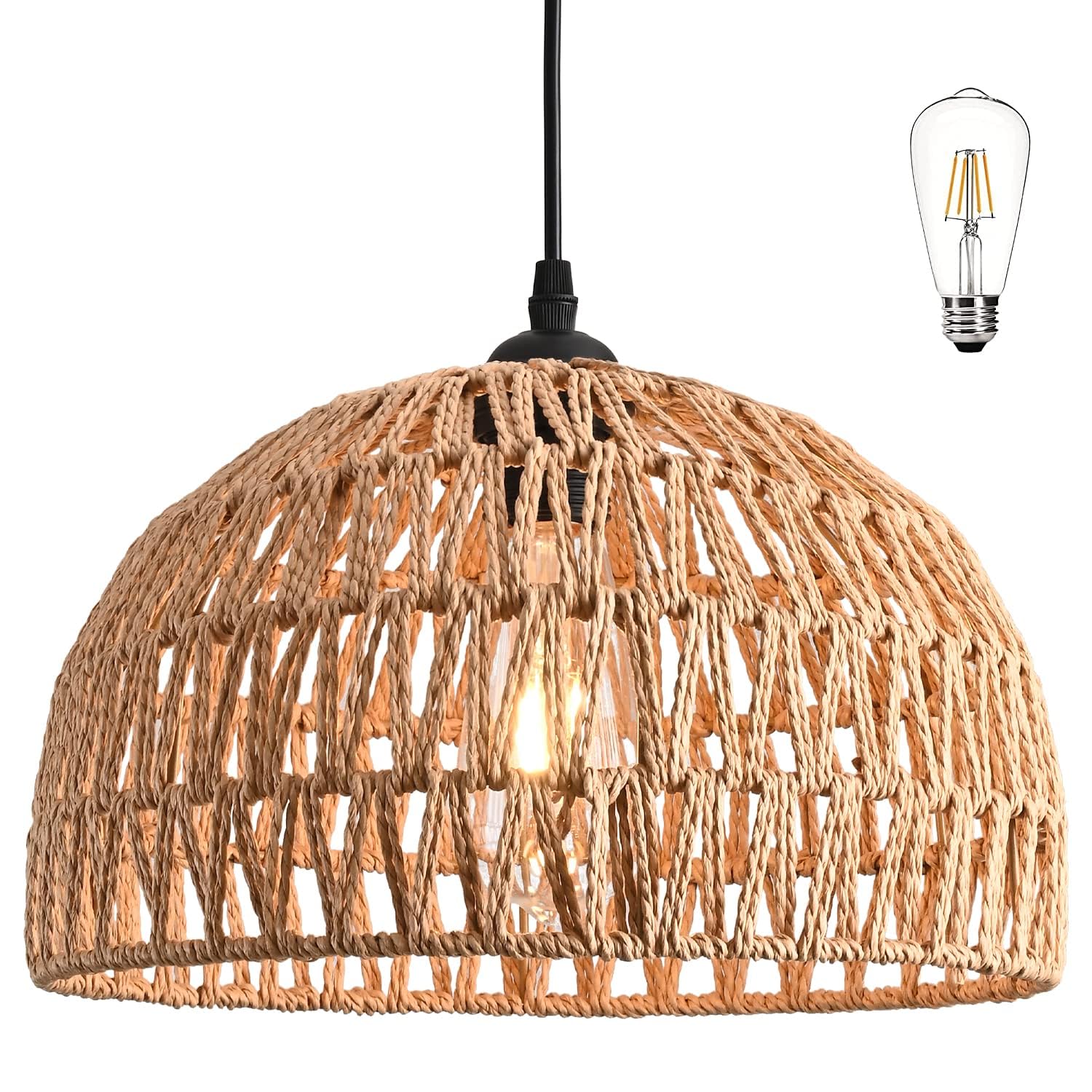 Ayshwilldec Natural Woven Hemp Rope Pendant Light Fixture, Boho Chandelier For Dining Room