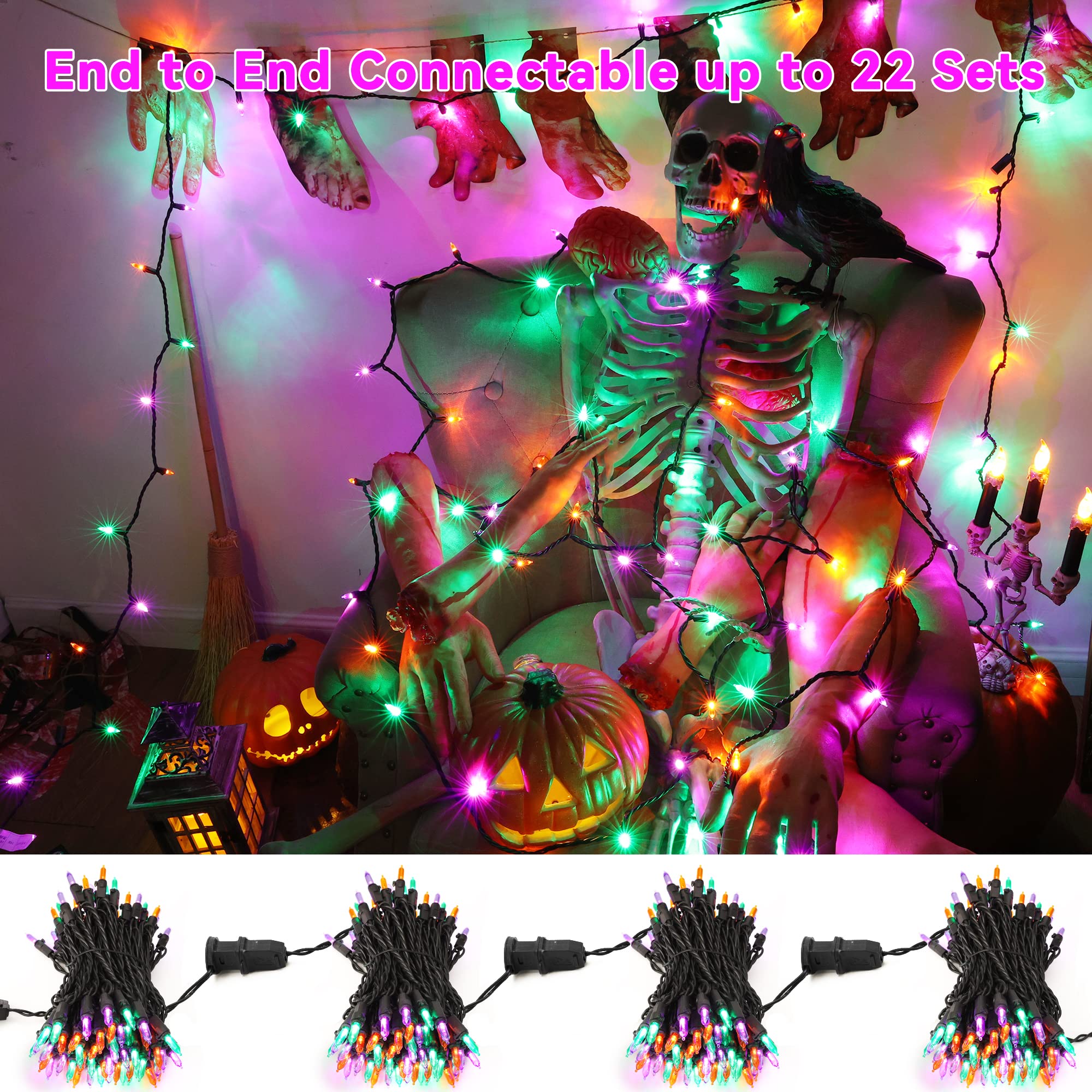 Brizled Purple Green Orange Halloween String Lights, 33Ft 100 Led Halloween Lights Outdoor, 120V Ul Listed Purple Orange String