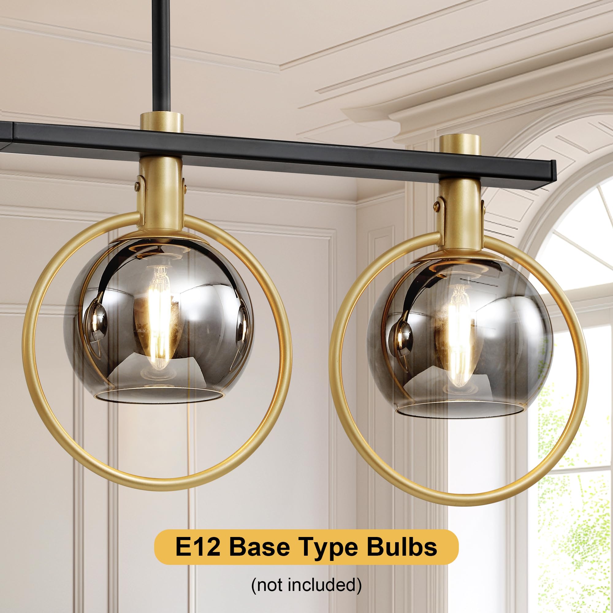 Kveosv 4-Light Gold Black Chandelier Modern Farmhouse Linear Light Fixture Smoke Gray Glass Shade