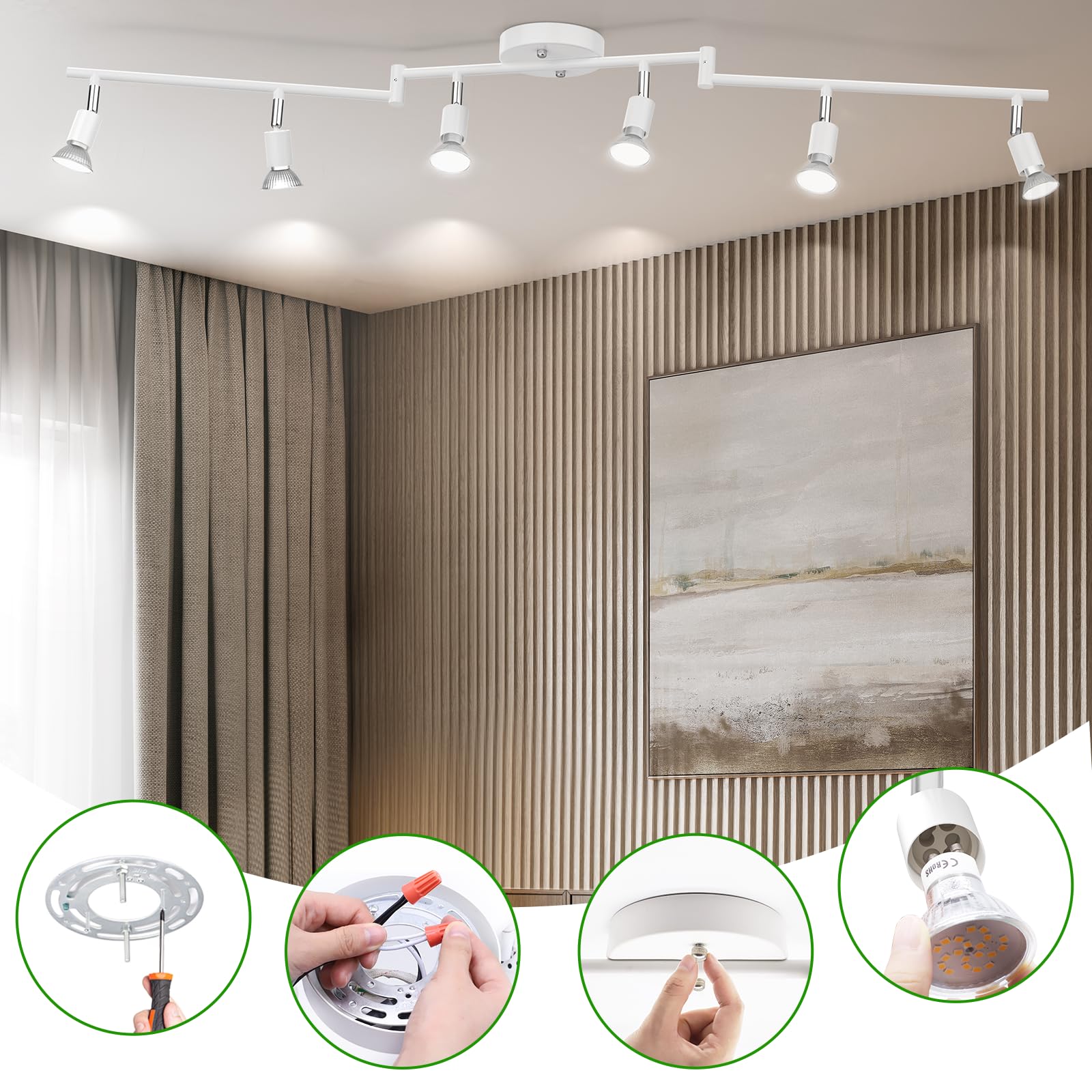 Aiboo Track Lighting Kit, Modern White Ceiling Spot Lighting With Flexibly Rotatable Light Heads, 6 Track Lights For Room/Hallwa