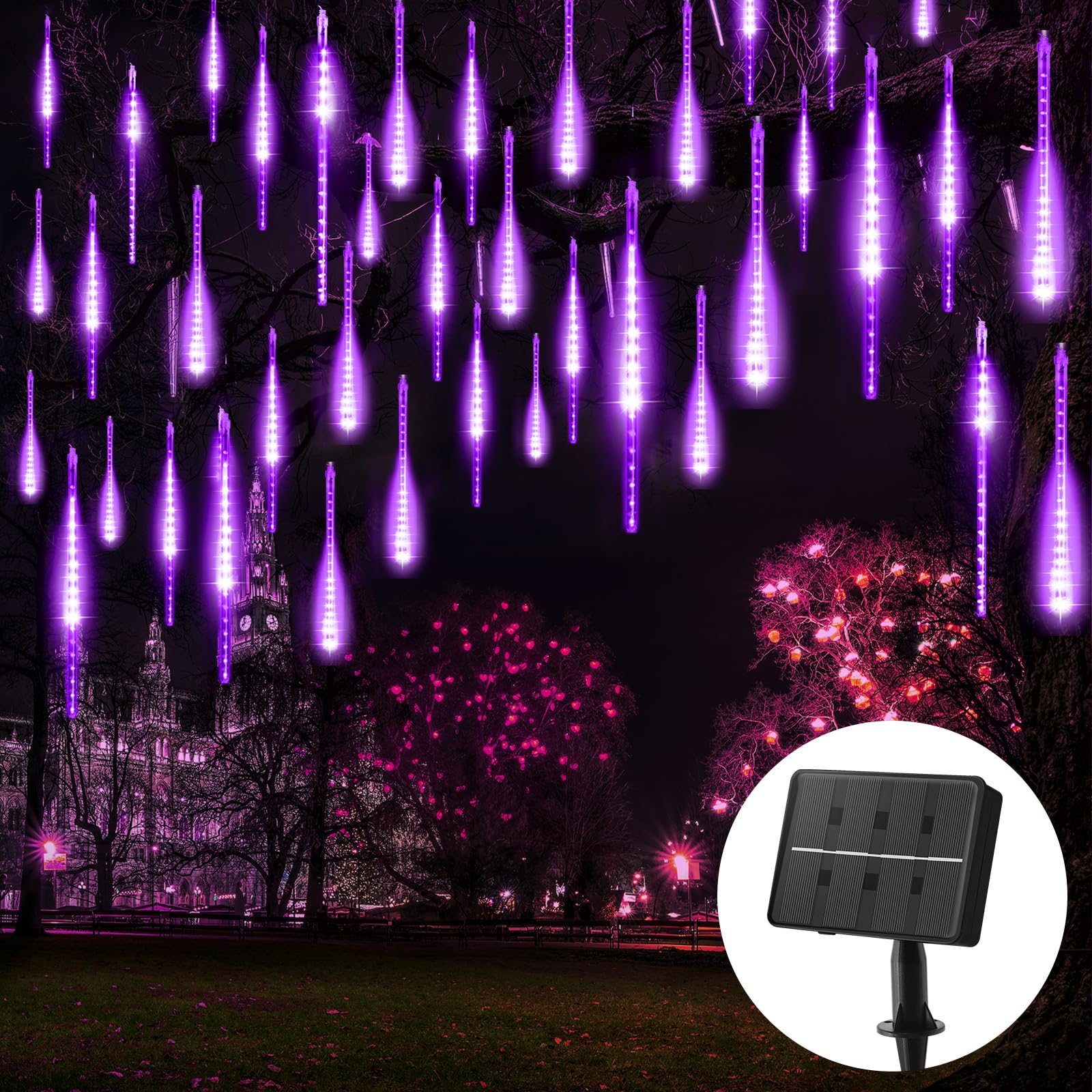 Purple Solar Christmas Lights, 576 LED Solar Meteor Shower Lights with 16 Tubes, Icicle Fairy String Lights for Christmas Decora