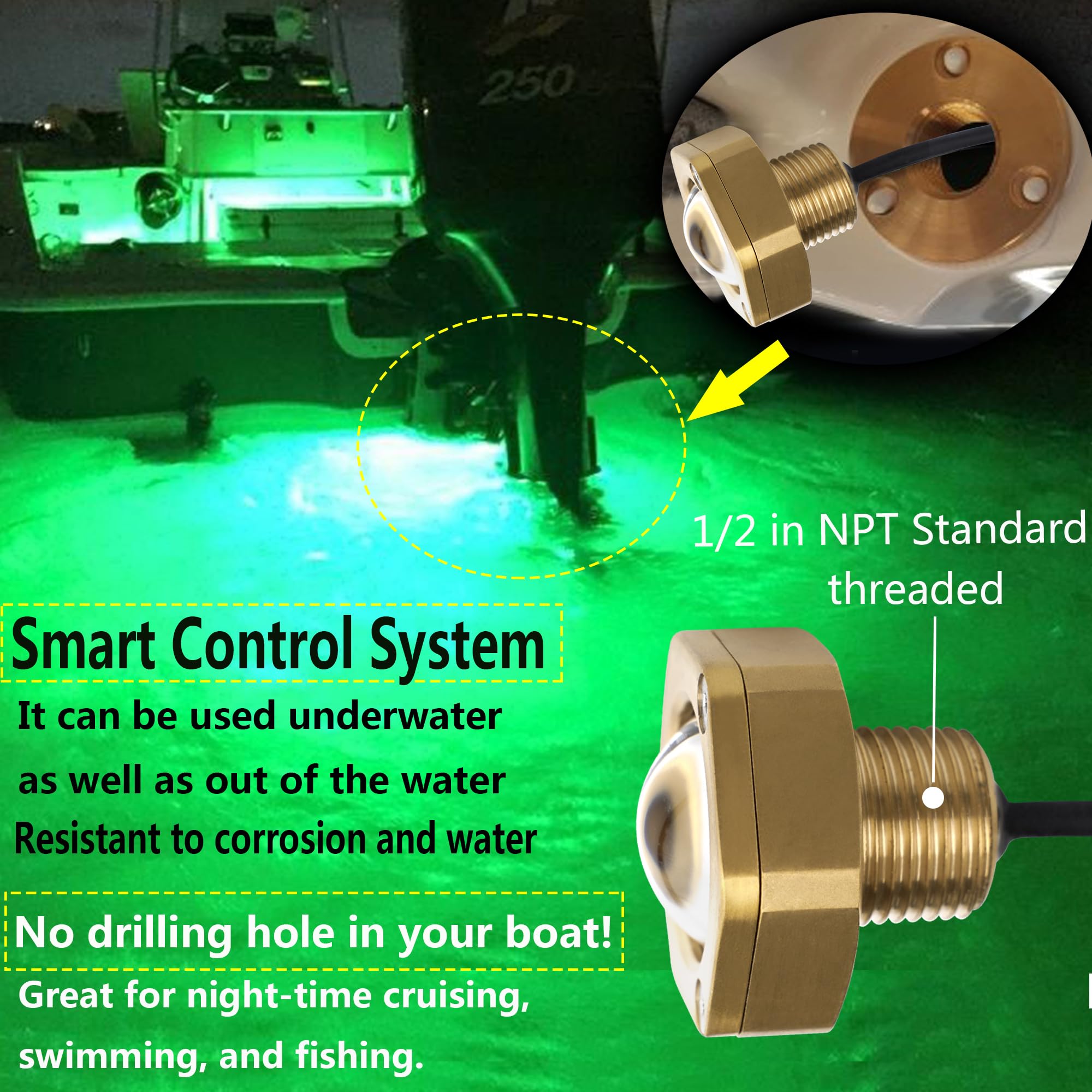 Kingshowstar 1/2in NPT Boat Drain Plug Light, IP68 Waterproof LED, 40W, 4100LM, Green, Model KS-G1, Bronze Housing
