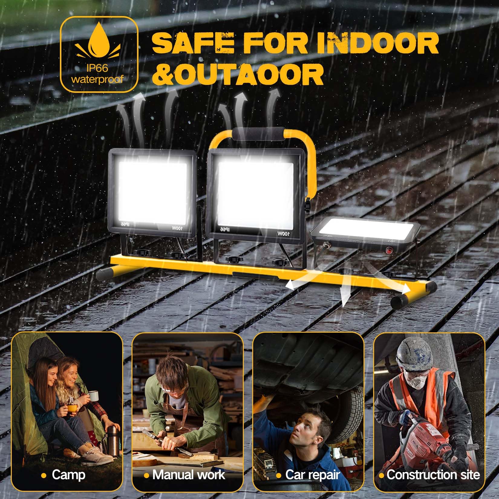 21000 Lumen Work Lights With Stand, 3 Adjustable Head Led Work Light, With Adjustable And Foldable Tripod Stand, Waterproof Lamp With Individual Switch With 6500 Kelvin Color Temperature (Yellow-3)