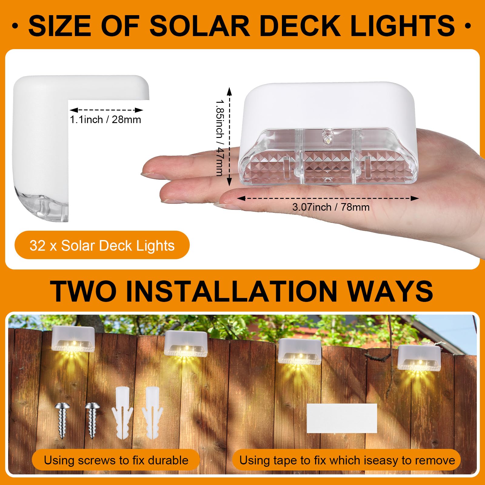Geelin 32 Pcs Solar Deck Lights, Waterproof LED Step Fence Lights, ABS & Acrylic, White Shell, Warm White Light
