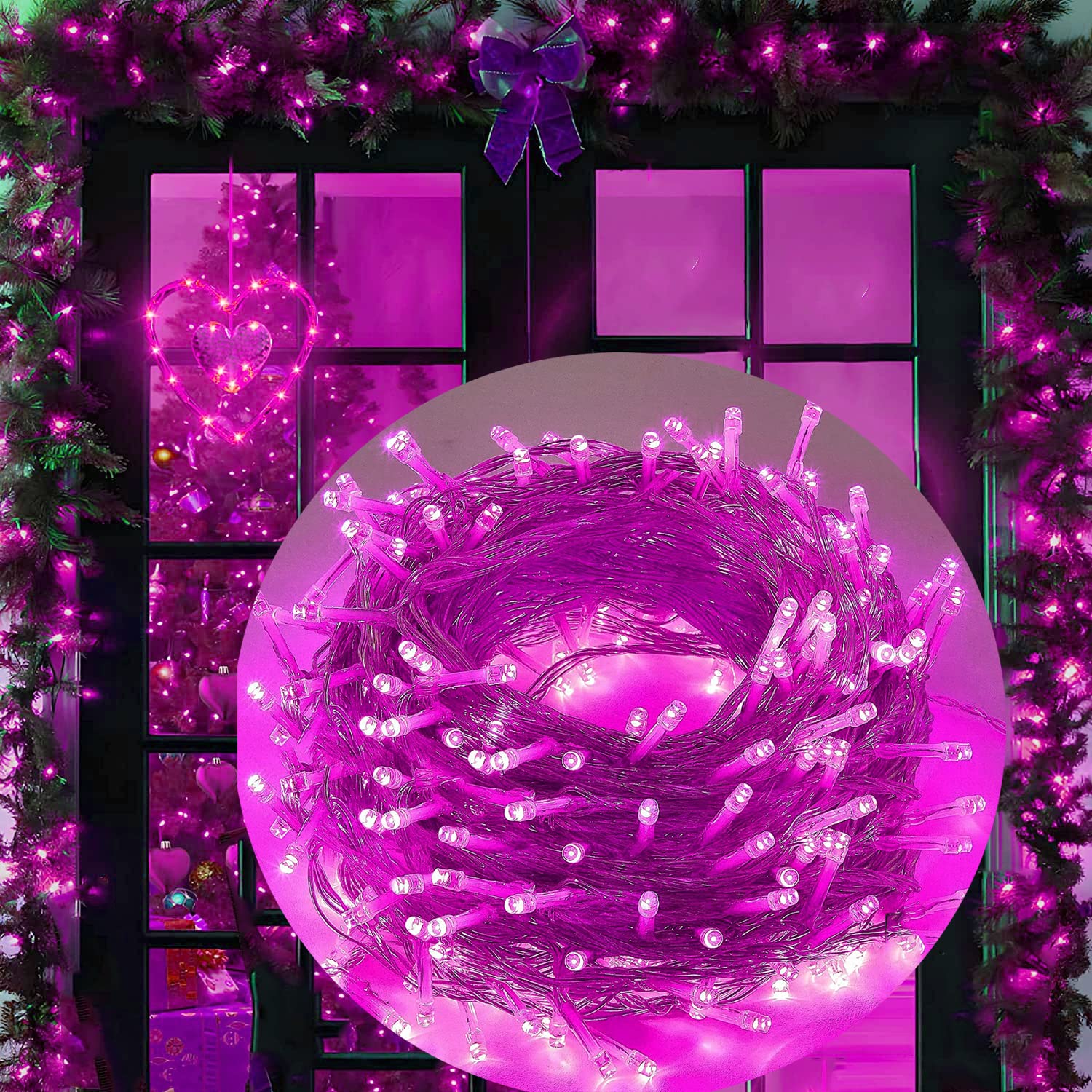 FULLBELL Pink String Lights 100 LED 33 Ft Transparent Wire Indoor Outdoor Decorative Lighting FLEDSTL10M80D