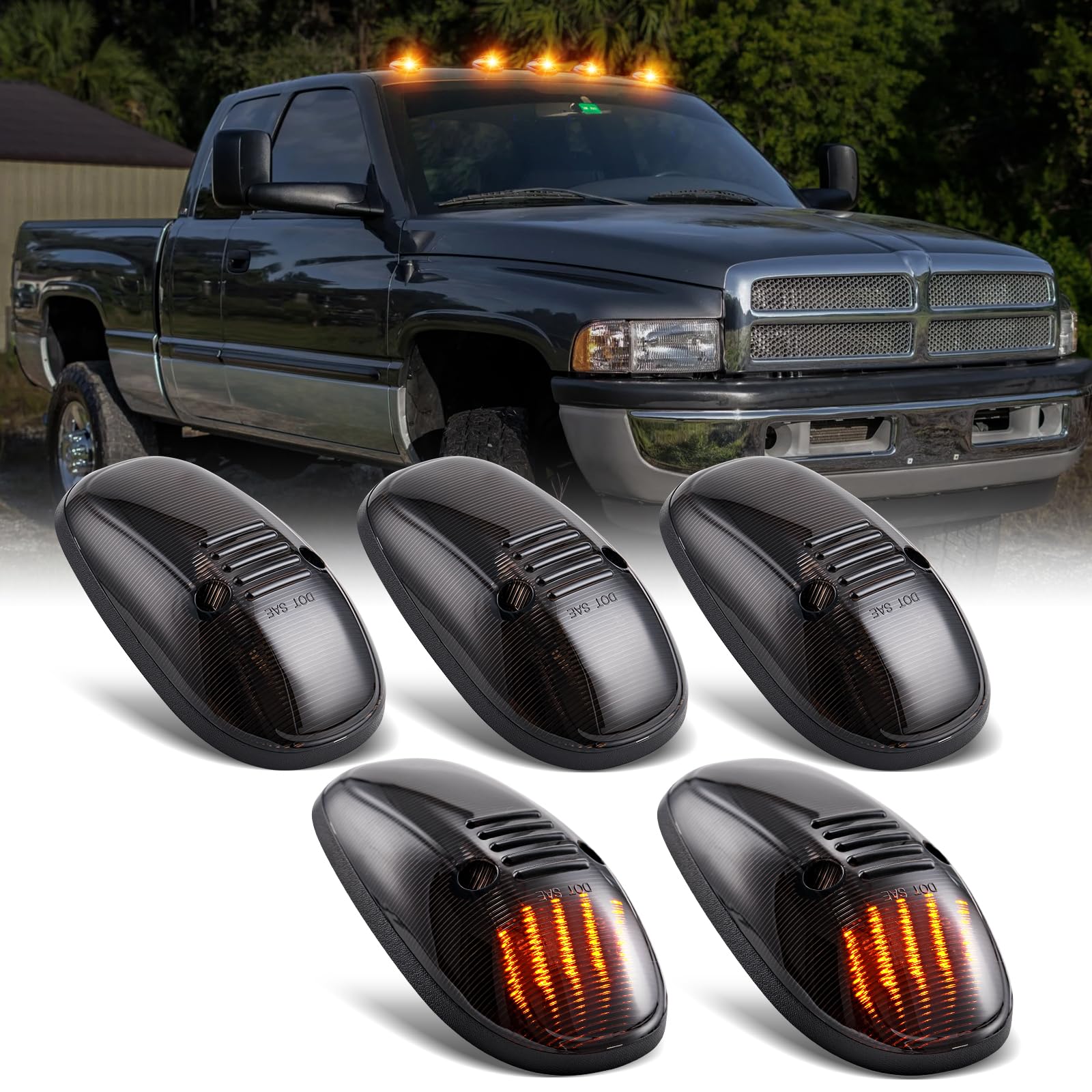 R&F Auto LED Cab Lights 5 Pcs Smoked Cab Roof Marker Lights Compatible with Ram 1500 2500 3500 (1999-2001) Pickup Trucks Roof Lamps Smoked Lens Amber Lights