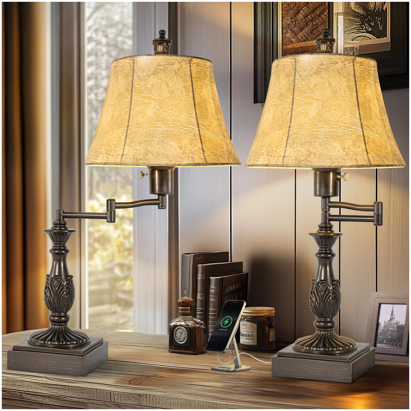 23.5'' Rustic Traditional 350 Adjustable Swing Arm Table Lamp Set of 2 with USB A+C Ports Brown Finish Faux Leather Shade Vintag