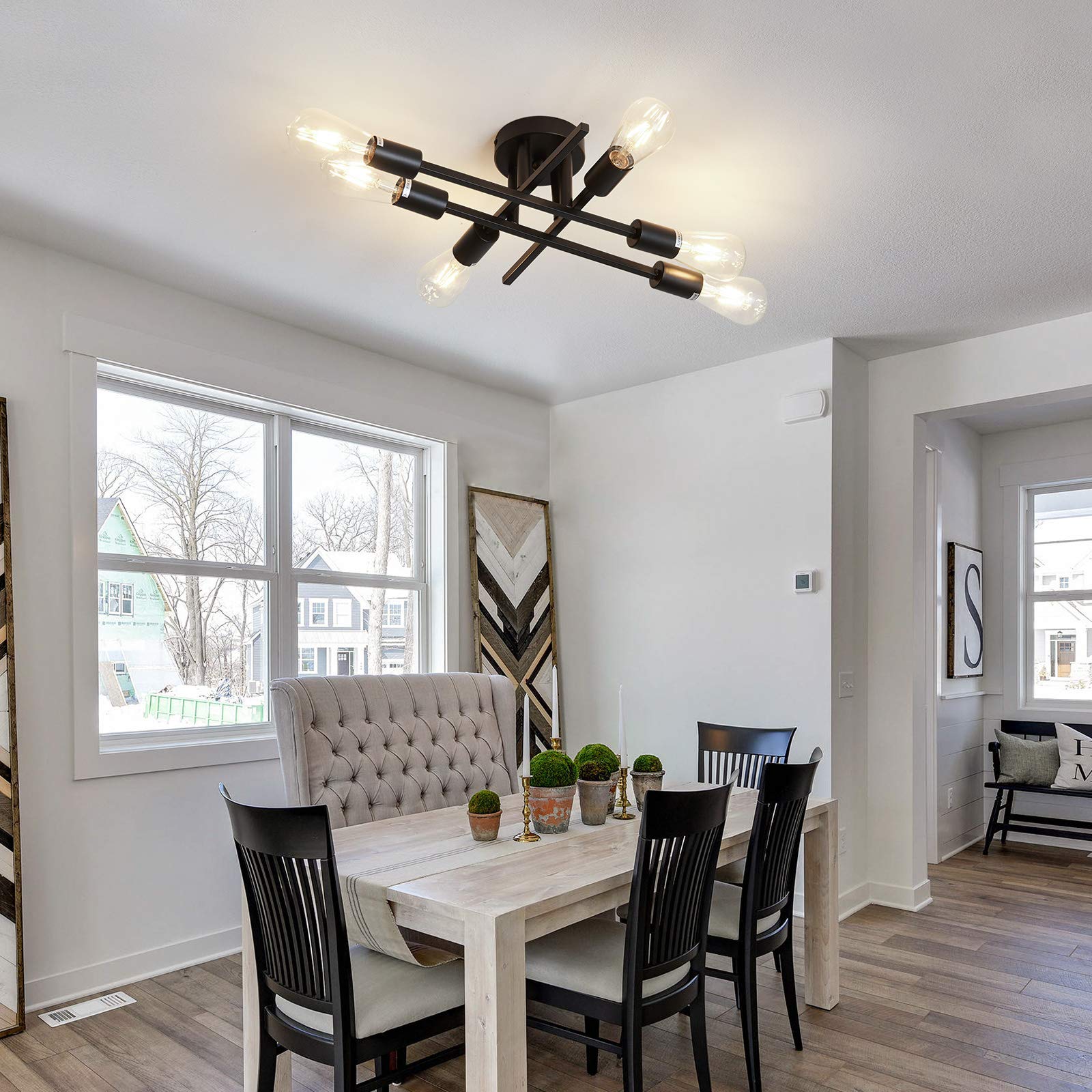 ZGLAOJT 6-Lights Semi Flush Mount Ceiling Light Fixture, Black Iron Industrial Chandelier for Dining Room, Living Room, Kitchen, Bedroom