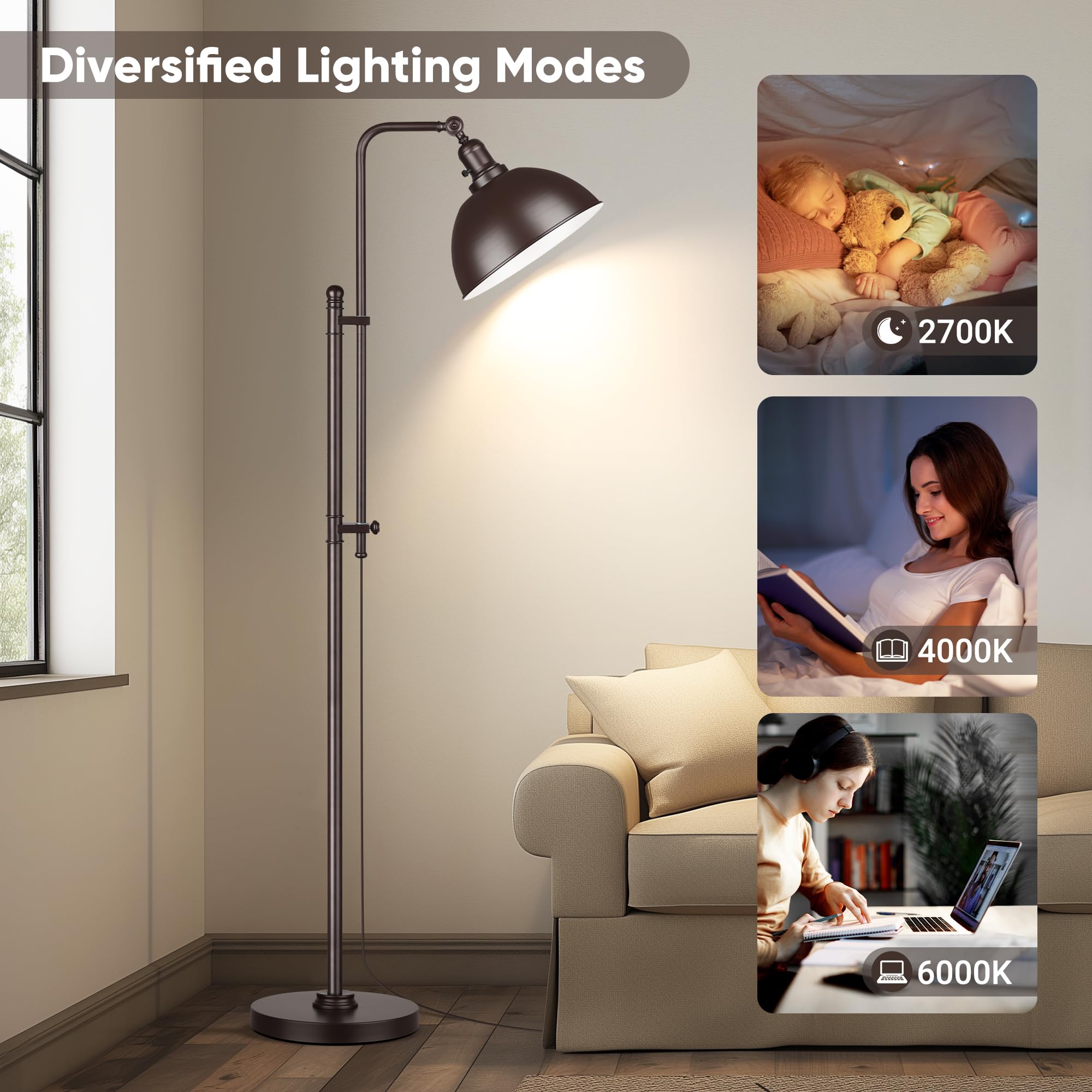 Partphoner Industrial Floor Lamp Adjustable, Rustic Farmhouse Reading Lamp In Aged Brown Finish Modern Standing Lamp With Remote