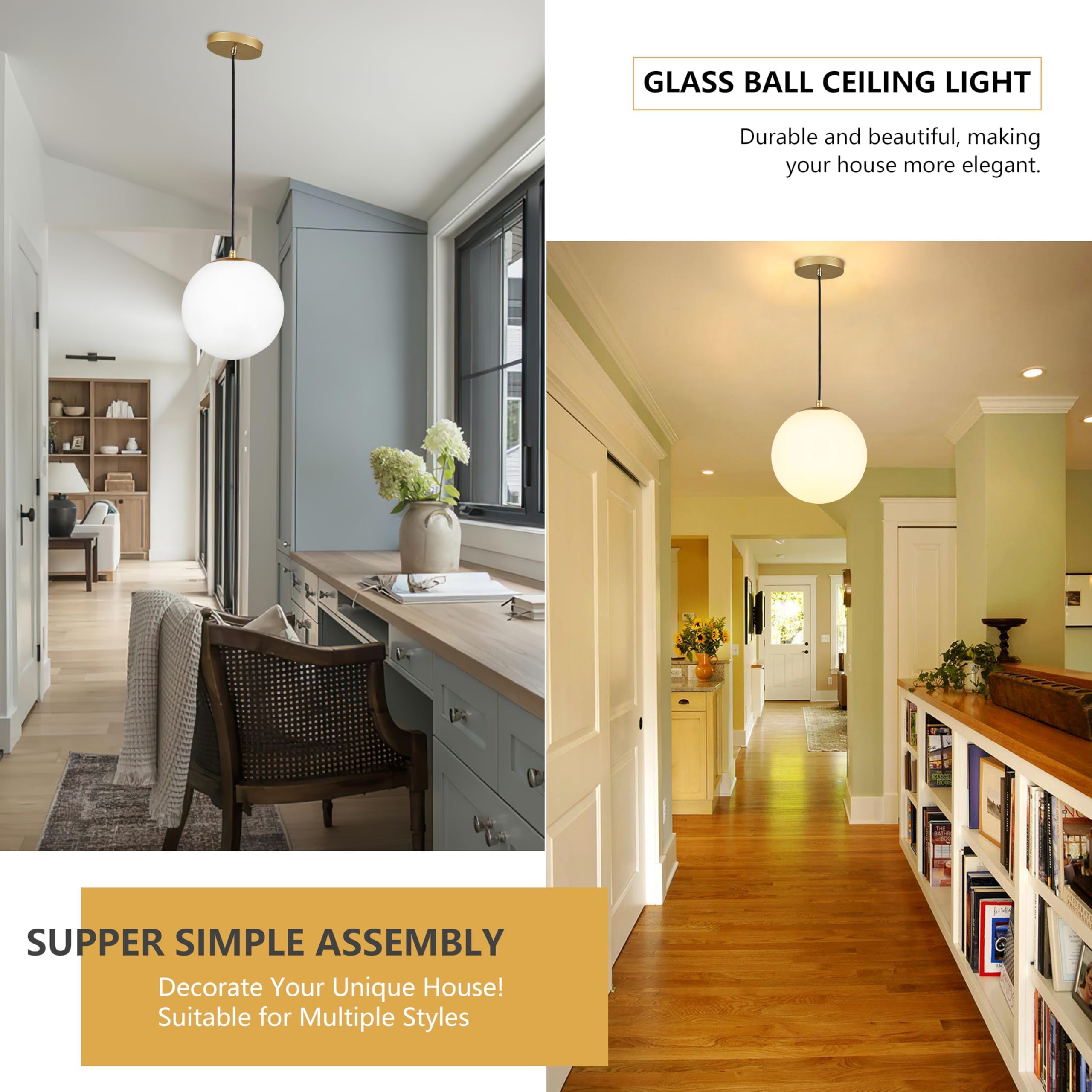 Koko&Yukina 10&quot; Gold Globe Pendant Light, Mid Century Modern Glass Shade For Dining Room/Bedroom