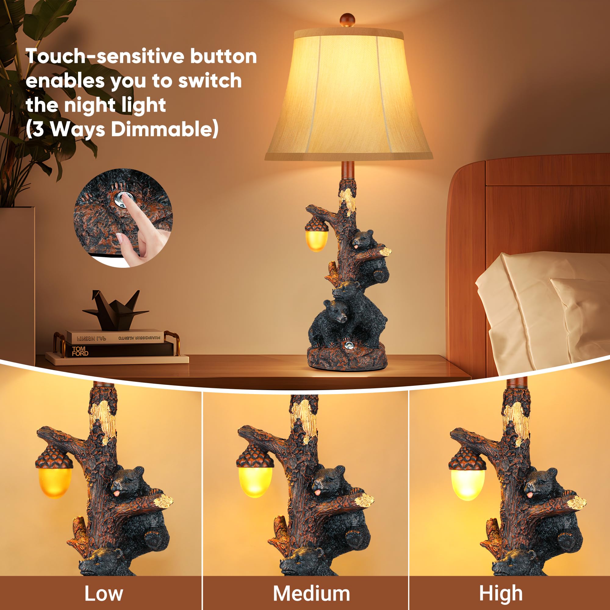 Hamucd Set of 2 Bear Bedside Table Lamps, Touch Accent, USB A+C, Brown, Farmhouse Rustic Nightstand Lamps for Bedroom & Living Room Decor