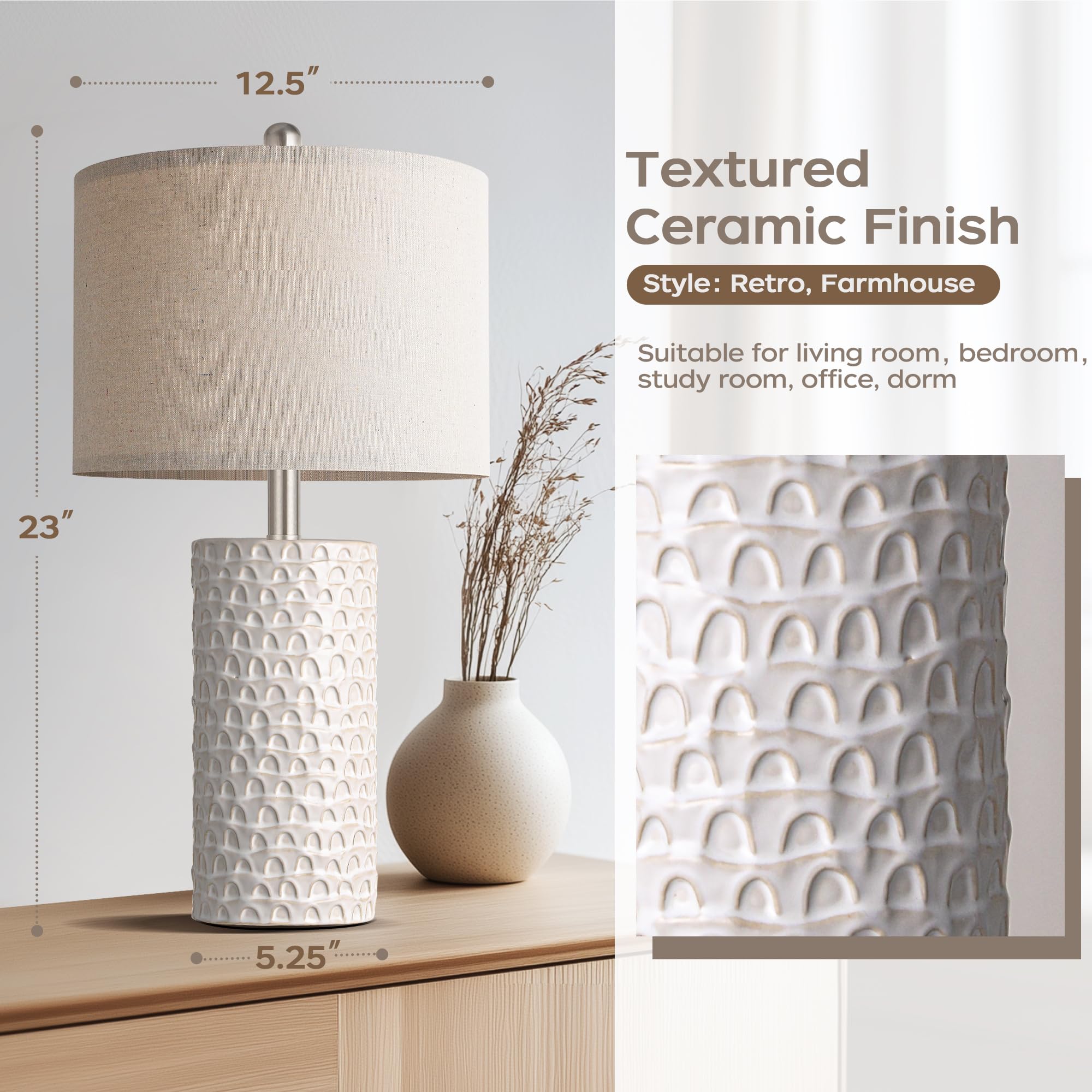 PARTPHONER Modern Ceramic Table Lamp Set of 2, Beige and White, Rustic Farmhouse Design for Living Room and Bedroom, Model STR-DL-0005