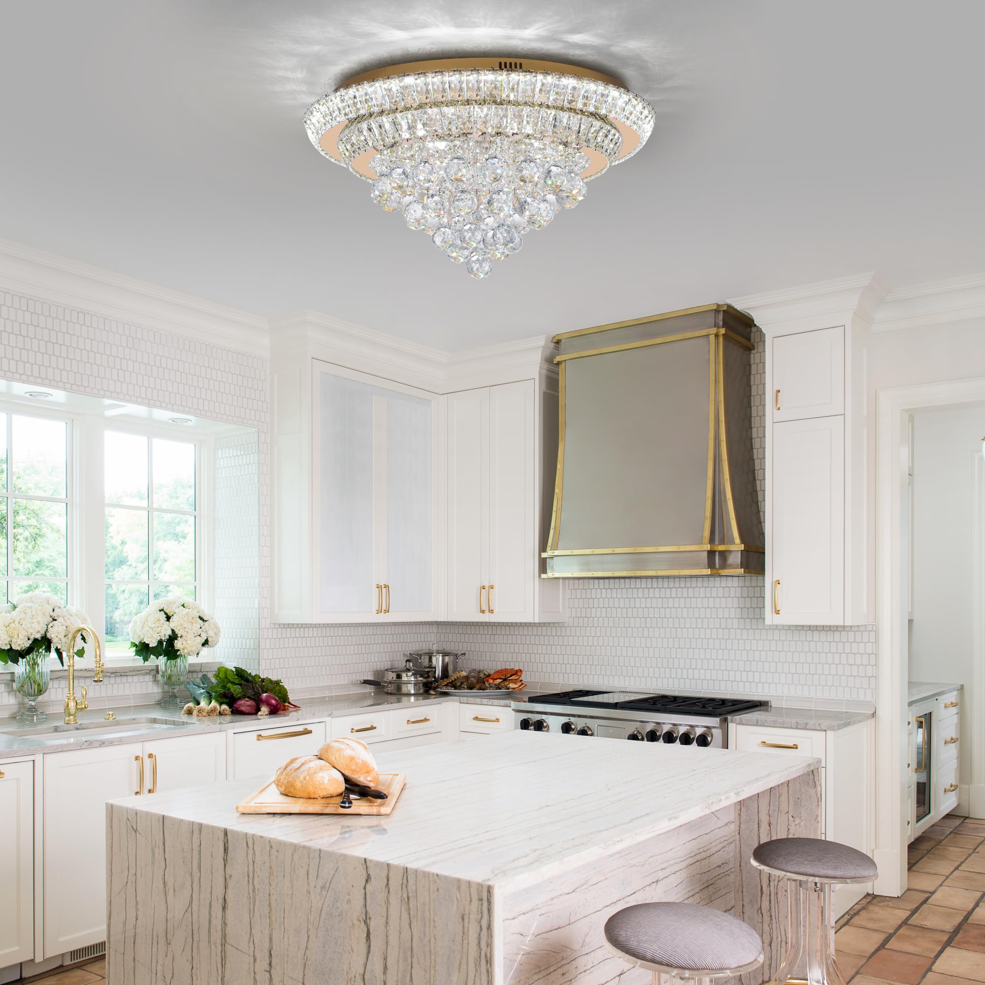Miuyhji Large Led Crystal Raindrop Ceiling Light,Rose Gold, 24'' Elegant Semi Flush Mount Chandelier Light Fixture With Remote C