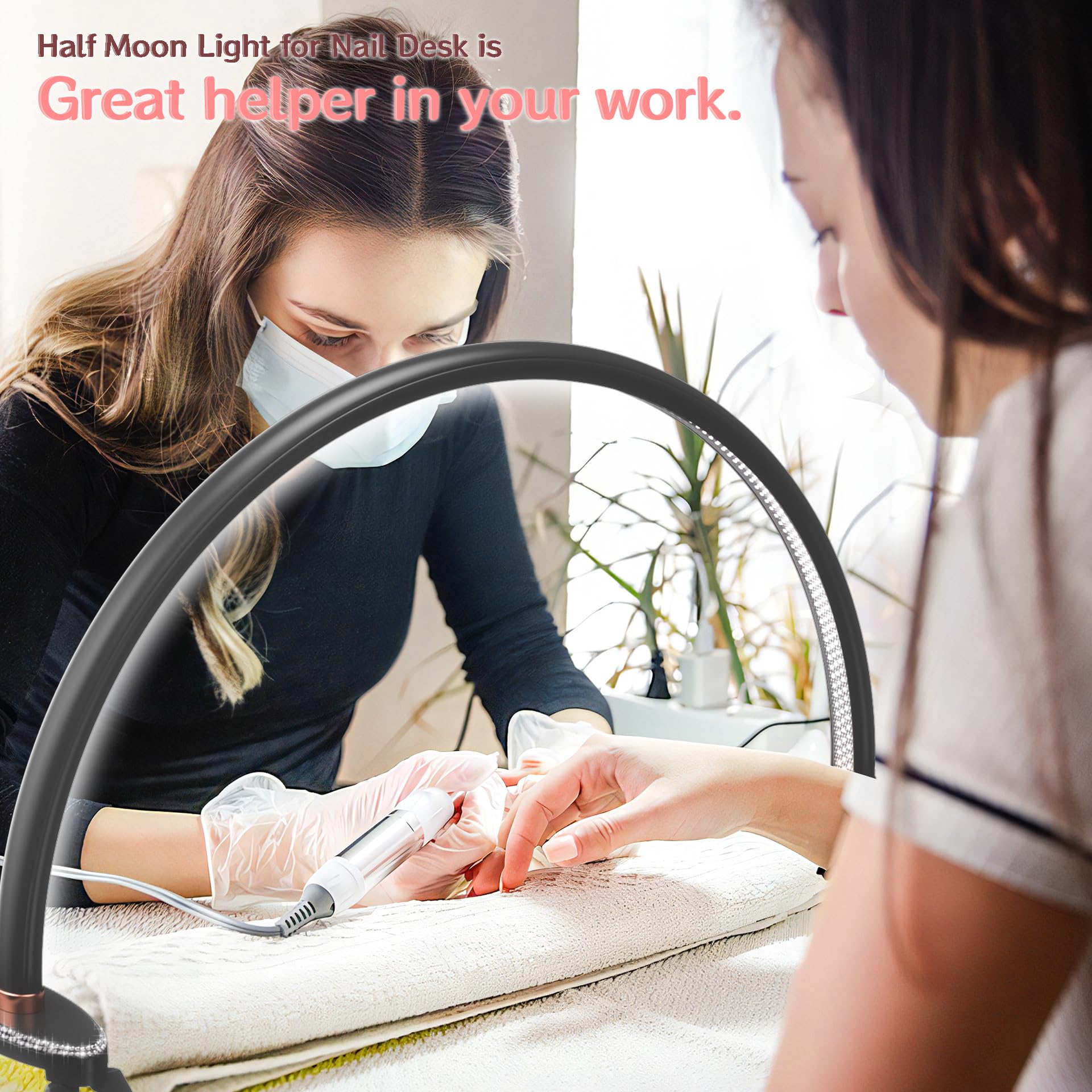 Half Moon Light For Nail Desk, Black Nail Tech Desk Lamp With Stepless Dimming, 3 Color Temperature, For Manicure, Tattoos, Eyeb