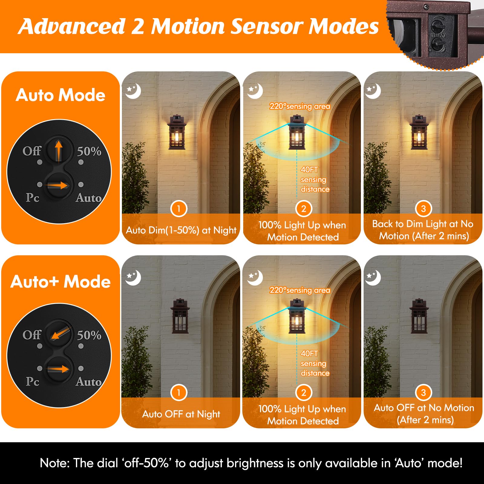 Kondras 2-Pack Brown Motion Sensor Outdoor Wall Light Fixture, 11.4" Waterproof Aluminum Lantern, Model 0815, 3 Lighting Modes