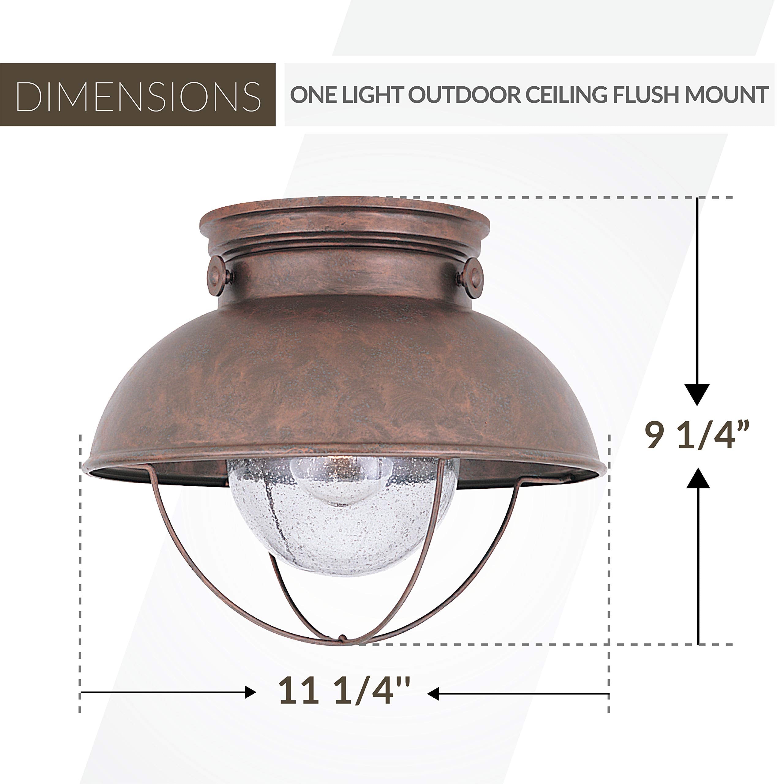 Sea Gull Lighting One-Light Outdoor Flush Mount Ceiling Light, Clear Seeded Glass, Weathered Copper Finish, Model 8869-44