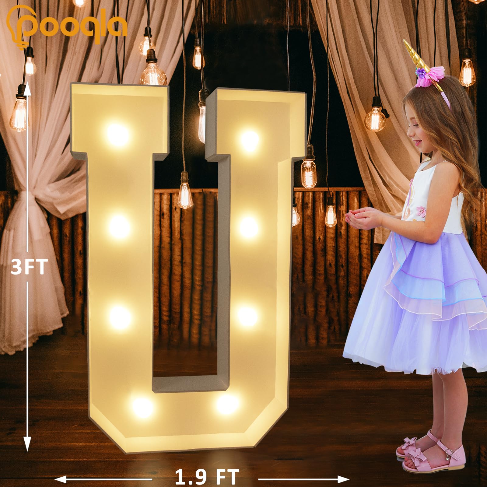 Pooqla Marquee Light Up Letter U, 3FT Cool White & Warm White LED, Plastic Giant Sign for Party Decoration