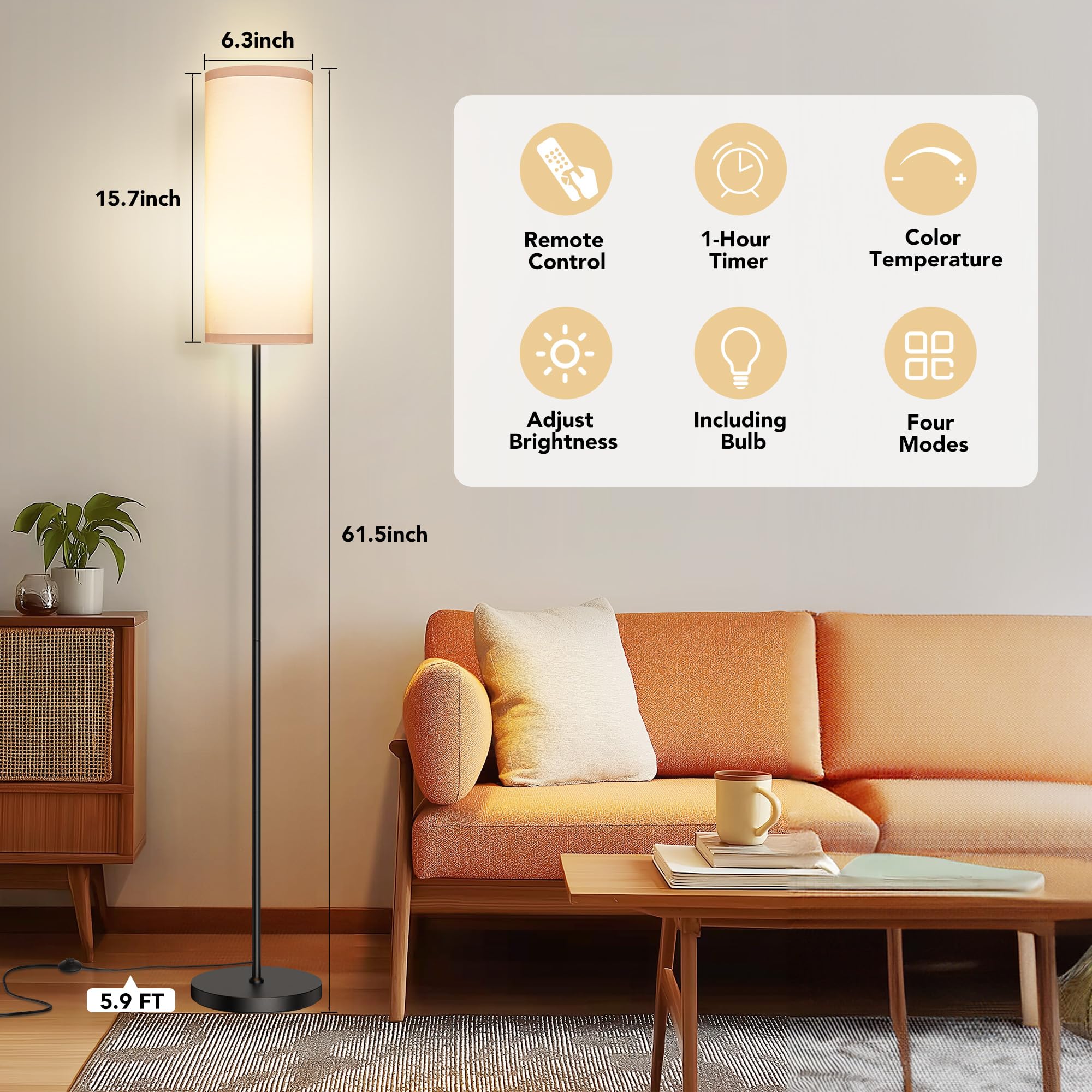 PARTPHONER Modern Floor Lamp with Remote Control, Dimmable LED Bulb, Adjustable Color Temperature, White, Model PAFP133AW1