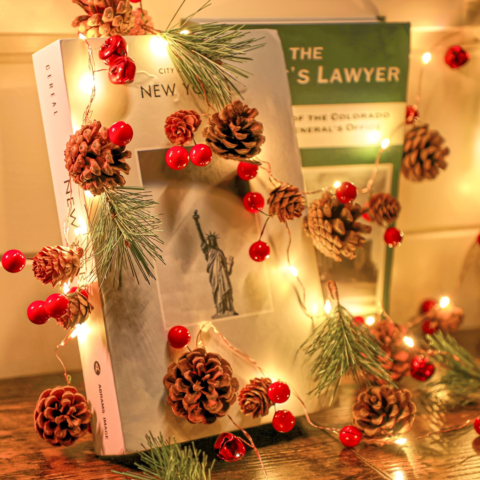 Brightown Christmas Pine Cone String Lights, 30 Led Battery Operated Garland String Lights With Red Berry Pine Cone Pine Needles Bells Fairy String Lights For Indoor Outdoor Christmas Decorations