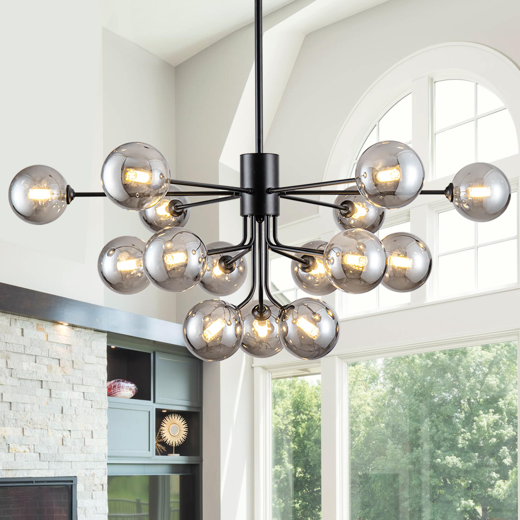 DHK wot Sputnik Chandelier 15 Lights Smoked Glass Chandelier 39 Inch Large Globe Chandelier with Smoke Gray Glass Black Sputnik 