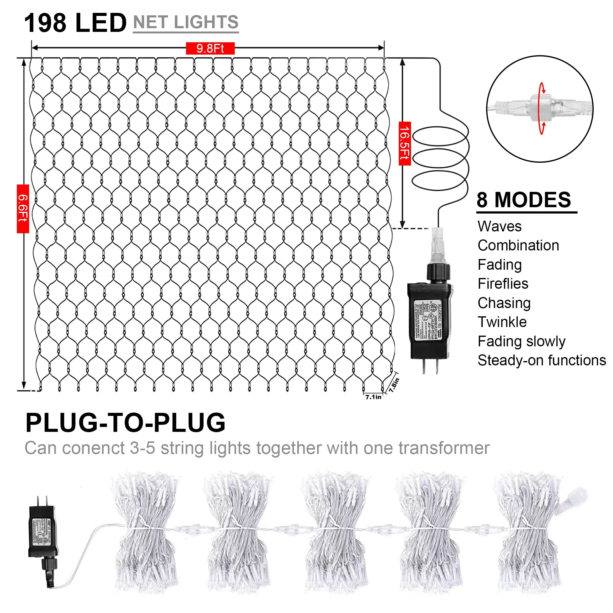 198 Led Christmas Net Lights Plug In  9.8 Ft X 6.6 Ft Red Green Waterproof Net Lights Outdoor  8 Twinkle Modes Mesh Fairy Light For Xmas Tree Bush Garden Ceiling Holiday Decoration