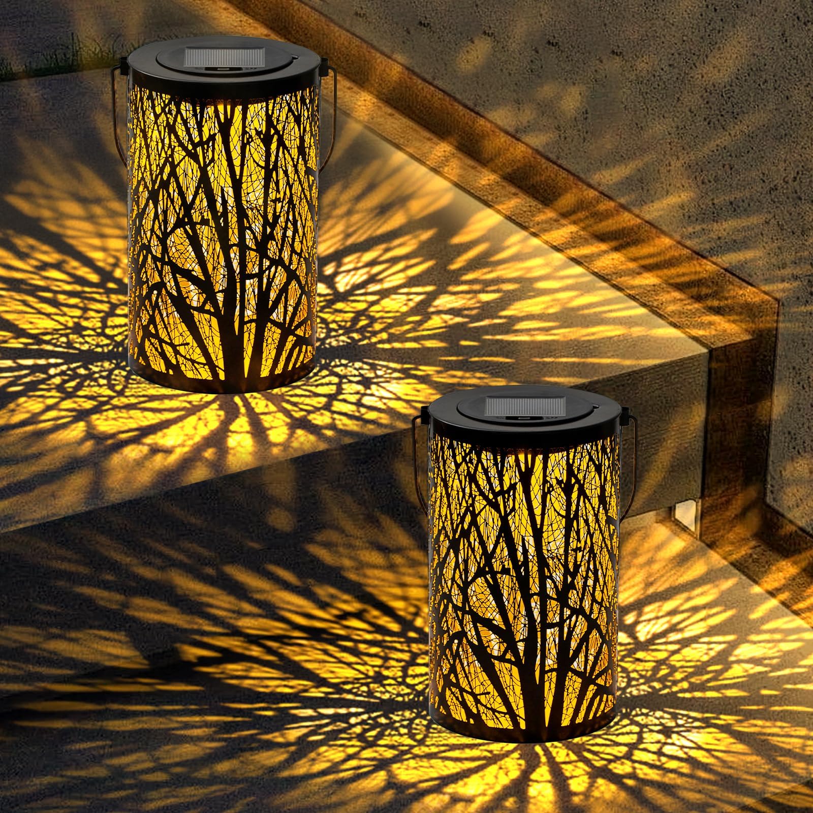 SyouHome 2 Pack Large Solar Lanterns Outdoor Waterproof  Gifts for Women Mom Grandma  LED Metal Hanging Solar Lantern  Tree Desgin Outdoor Light for Patio  Lawn  Pathway  Garden Decor