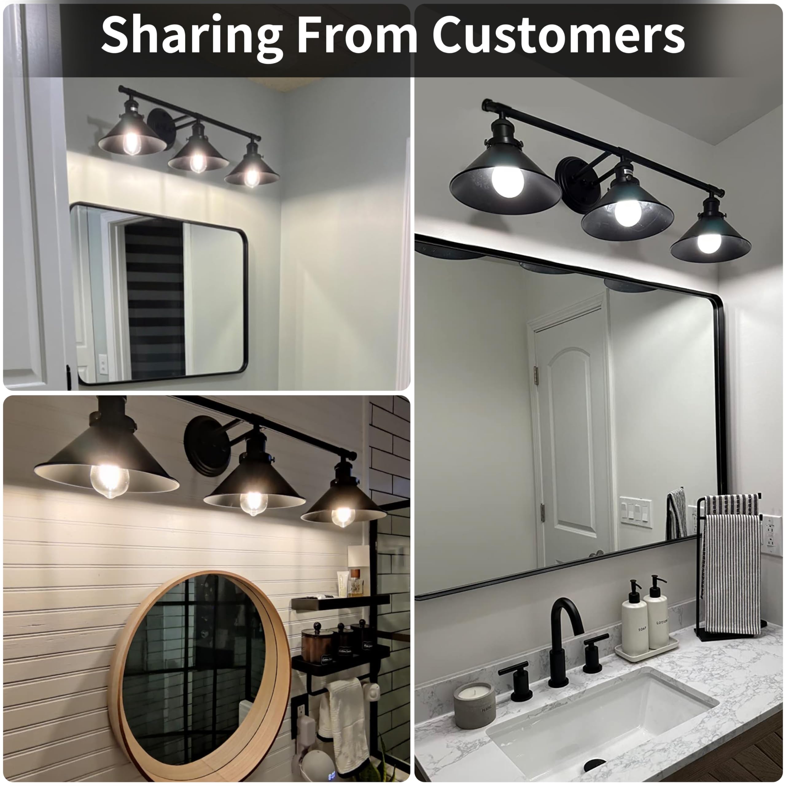 Alynzee Bathroom Vanity Light Fixtures, 3-Light Matte Black Metal Wall Sconce, Farmhouse Industrial Style