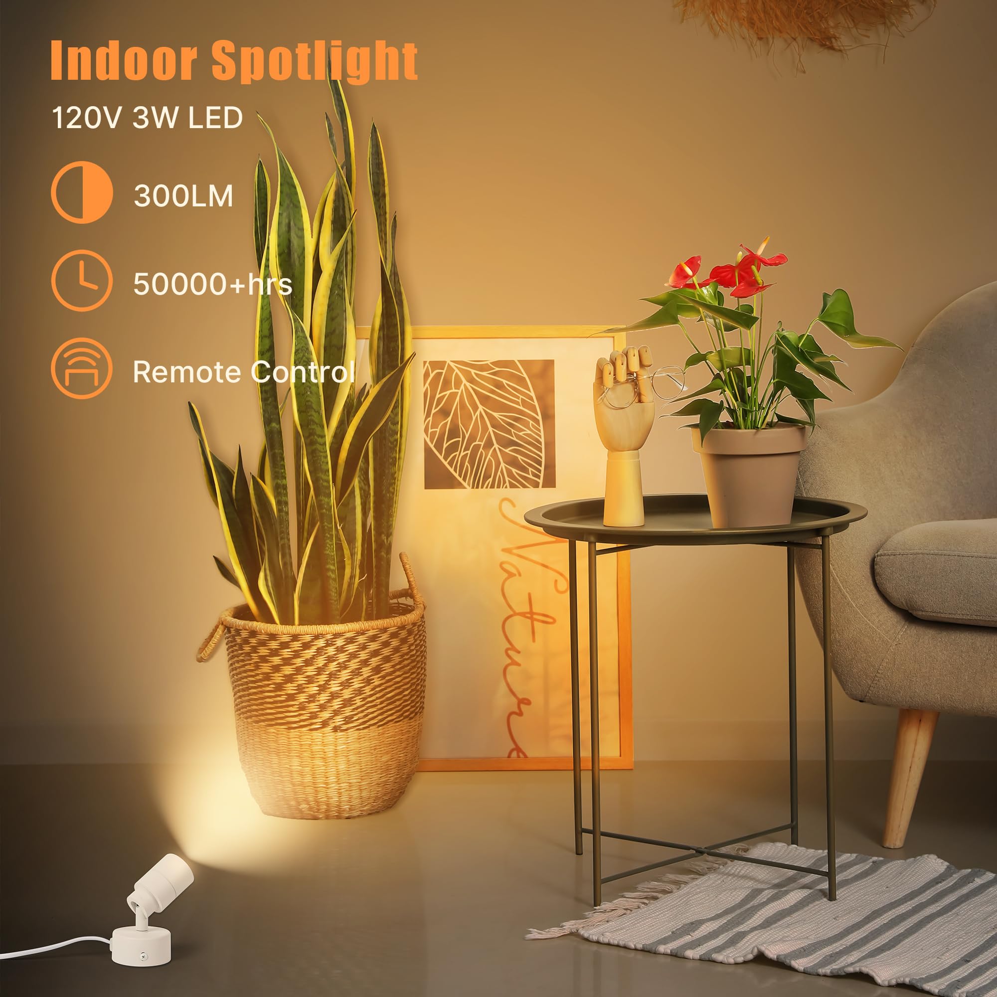 Led Spot Lights Indoor, 3W Uplighting Indoor With Remote Control Dimmable & Timer, 3000K/4000K/5000K Adjustable Spotlights, Acce