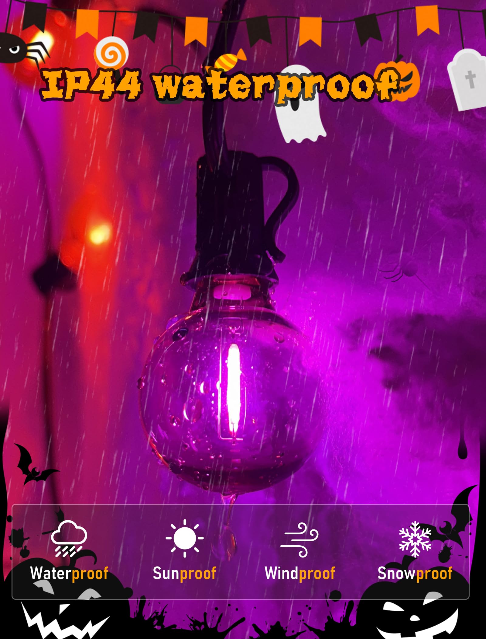 Xingzd 25FT Halloween String Lights, 25 G40 LED Bulbs, Shatterproof, Warm White, Clear Purple Orange