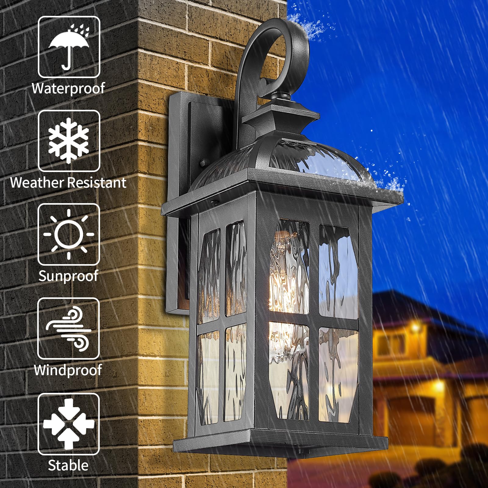 Darkaway Outdoor Wall Light Fixture - Water Ripple Glass, Aluminum, Medium-2 Pack, Black - Ideal for Porch, Patio, Doorway, Garage
