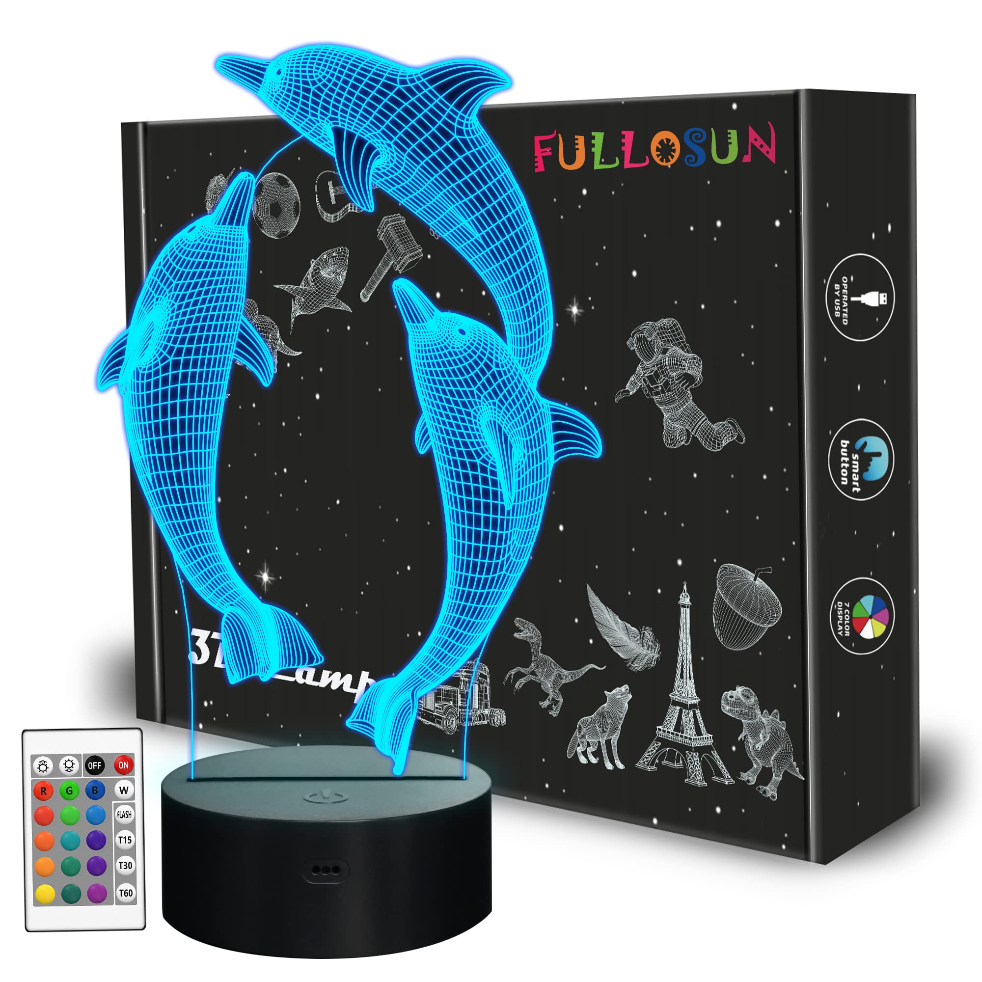 FULLOSUN Night Light for Kids Ocean Dolphin 3D Night Light Porpoise Bedside Lamp with Remote Control 16 Color Changing Xmas Hall