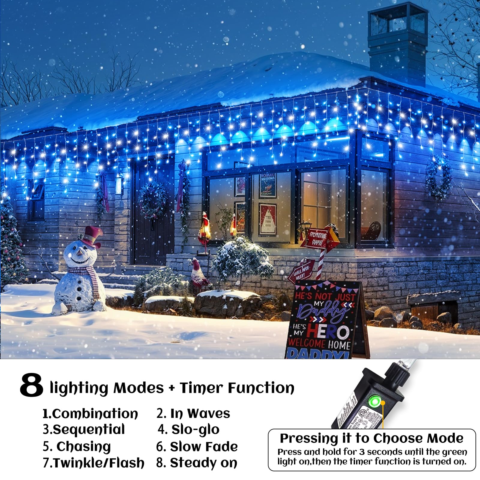 132Ft Icicle Lights For Outside  Blue And White Christmas Lights Outdoor Indoor  1280 Led Twinkle String Light With 240 Drops Curtain Light For Thanksgiving Room Home Wall Bedroom Window Decoration