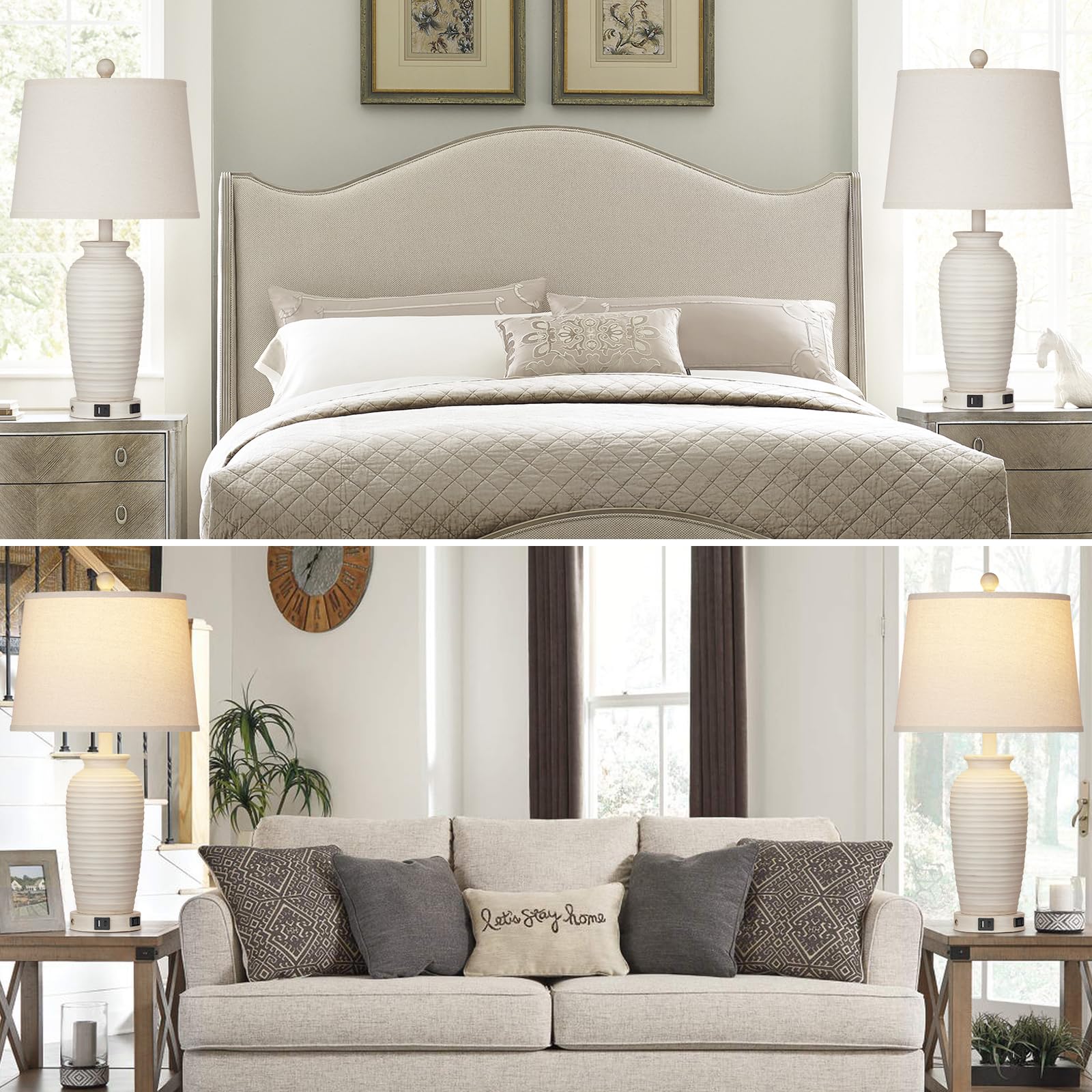 CINSARY 25in Farmhouse Table Lamps Set of 2, 3 Way Touch Control, USB A+C Ports, Gray Resin, LED Bulbs Included