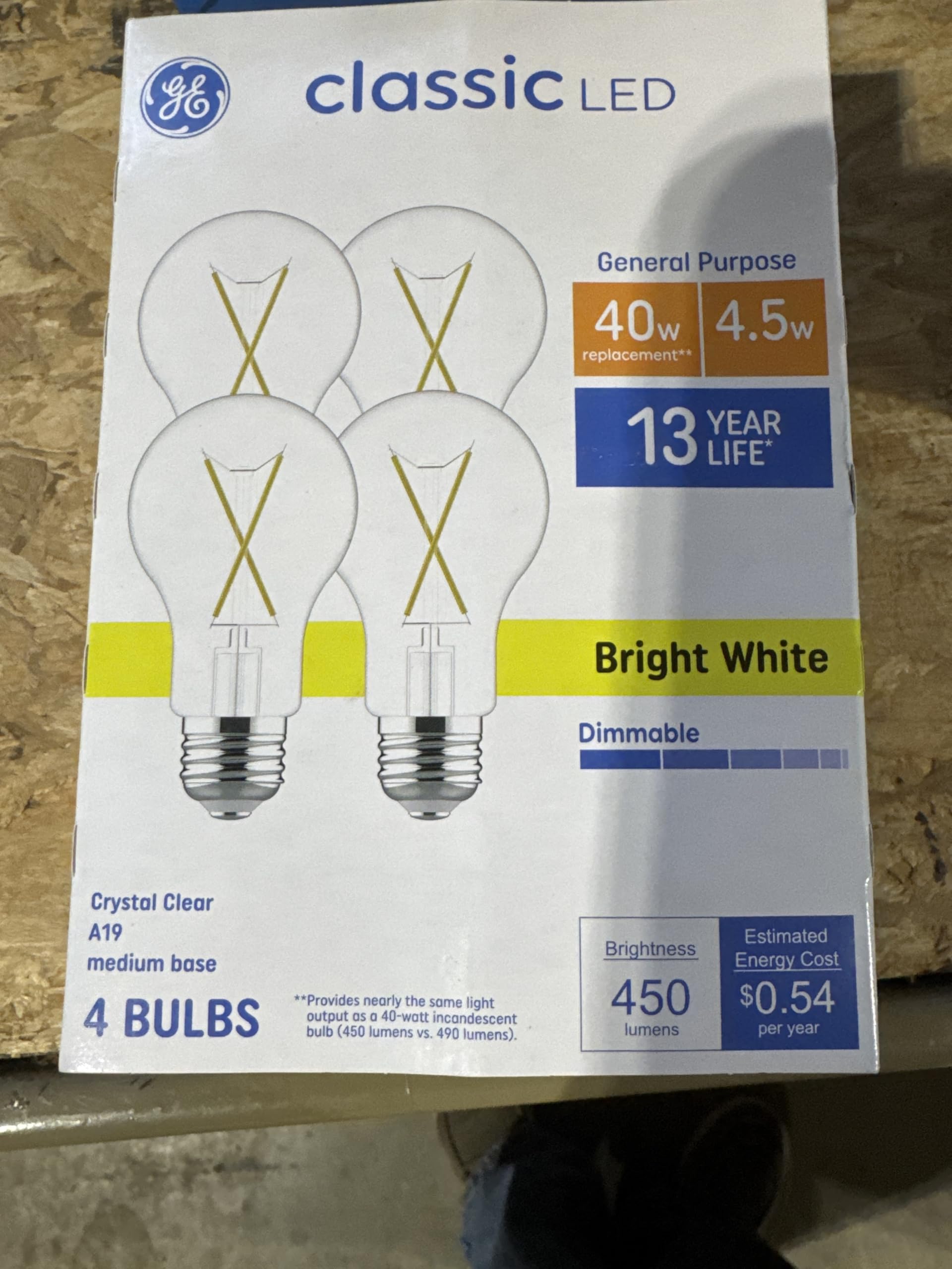 Ge Classic Led Light Bulbs, 40W Equivalent, A19 Crystal Clear, Bright White, 450 Lumens, 4-Pack