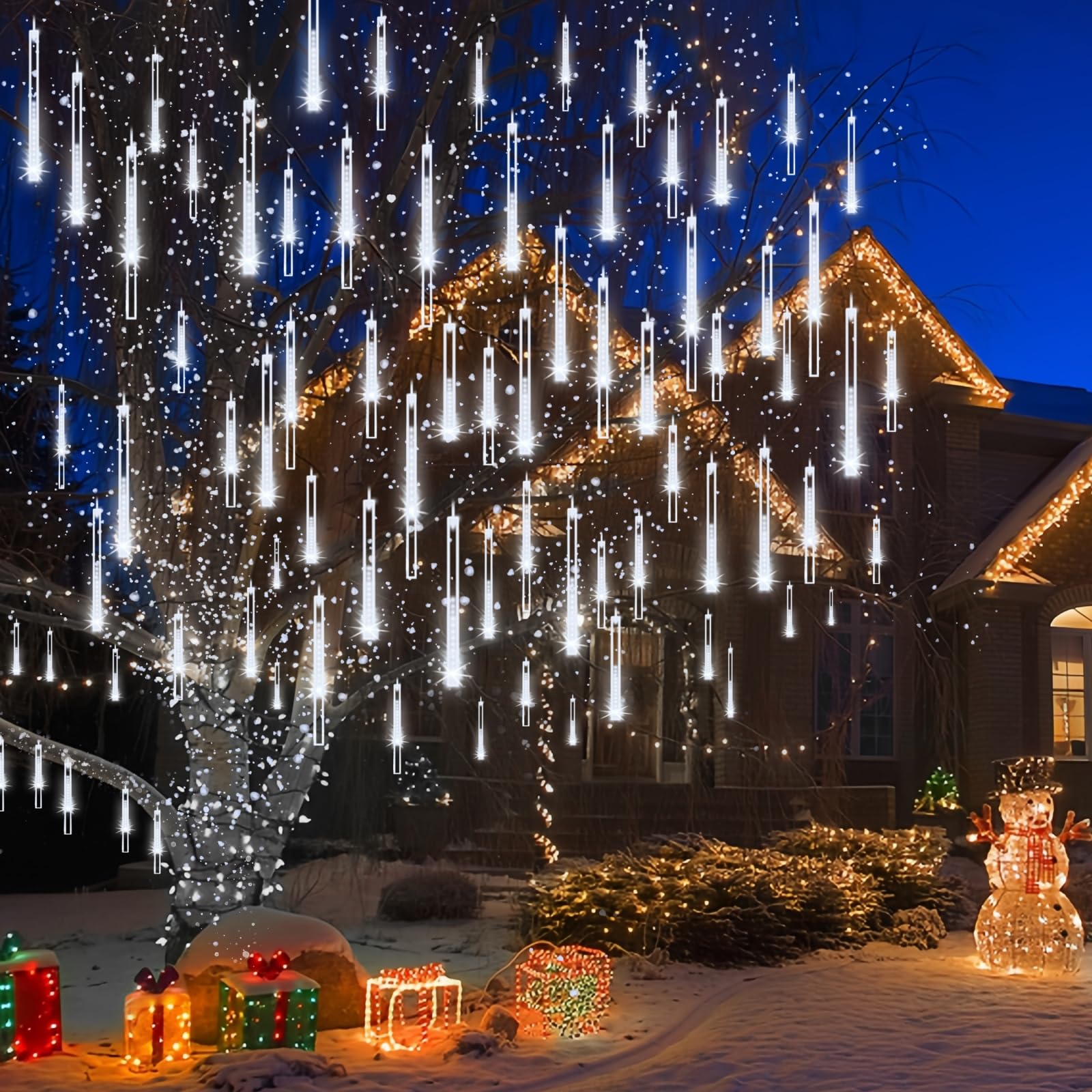 Kordain Meteor Shower Christmas Lights - 12In 8 Tubes, 144 Led, White, Ul Plug, 26.9Ft For Holiday Party Decoration