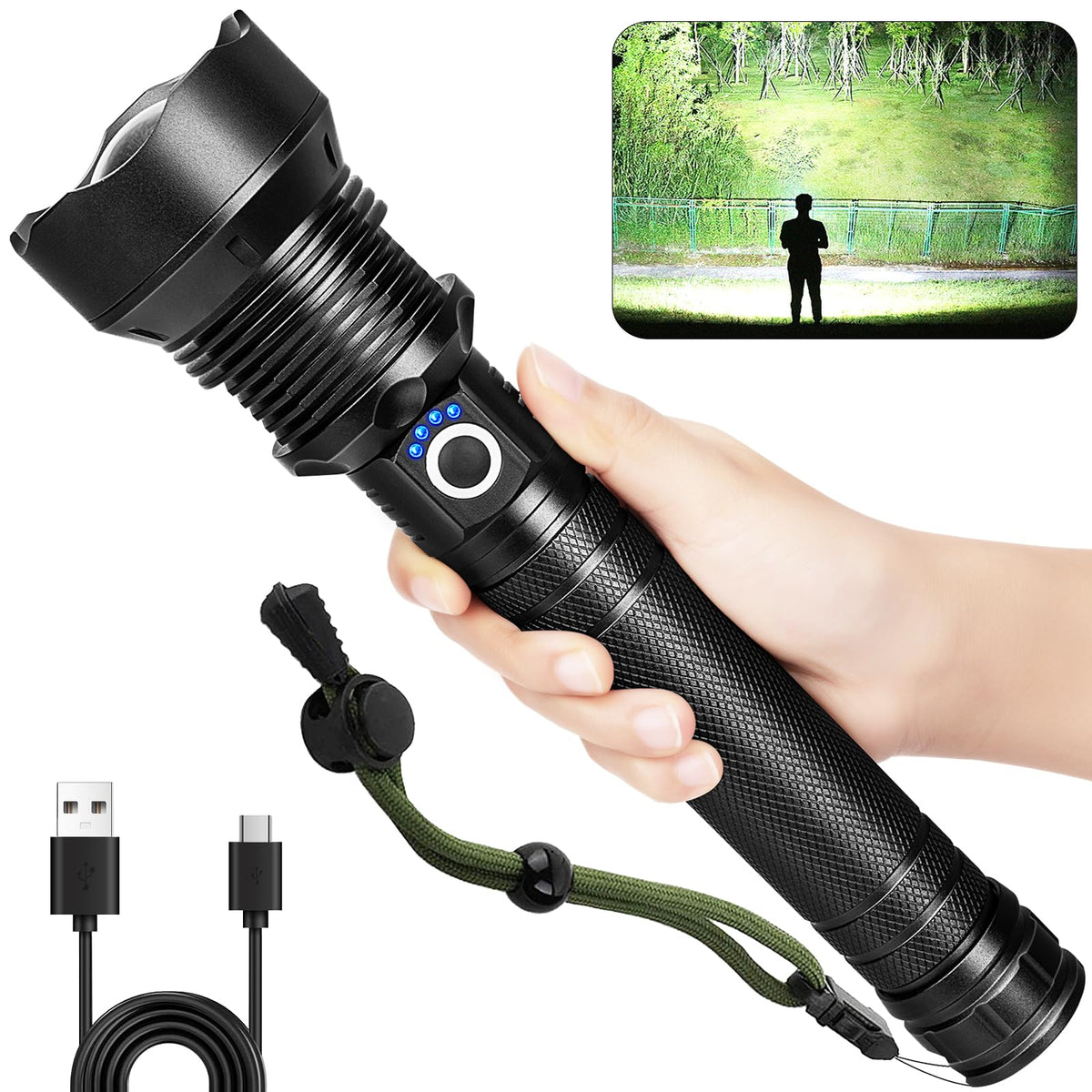 Cinlinso 990,000 Lumens Rechargeable Led Flashlight, 5 Modes, Ipx6 Waterproof, Black